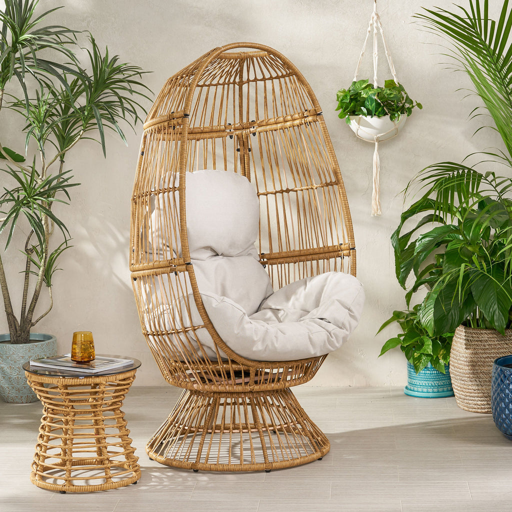 Outdoor Egg Chair PE Rattan Swivel Basket Natural Cushion 30.5in