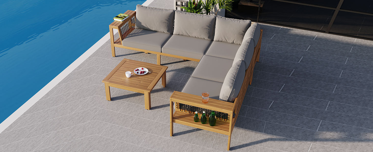 Outdoor Sofa Set Acacia Wood Rope Gray Cushion 4 Piece L-Shape Seats 6