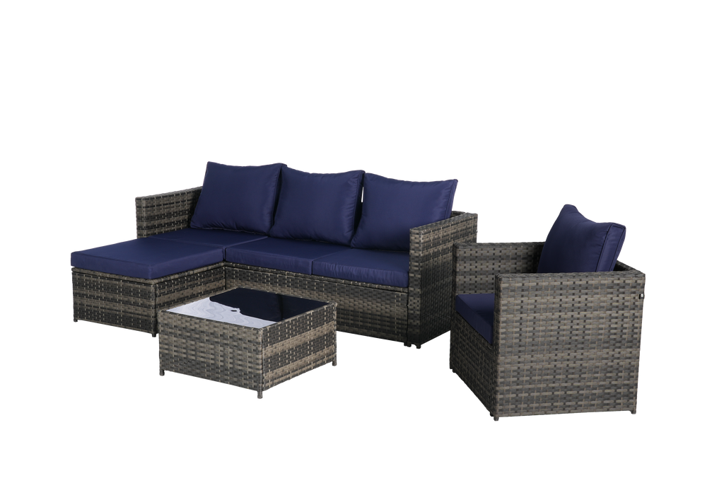 Outdoor Sectional Set PE Rattan Steel Dark Blue 4 Piece Seats 6 380 LB