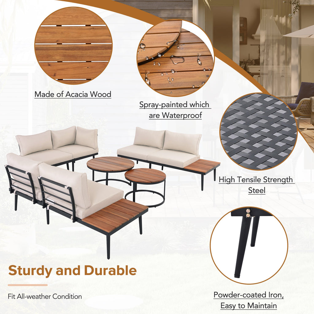 Outdoor Sectional Set Acacia Wood Steel Beige Cushion 6 Piece Seats 5
