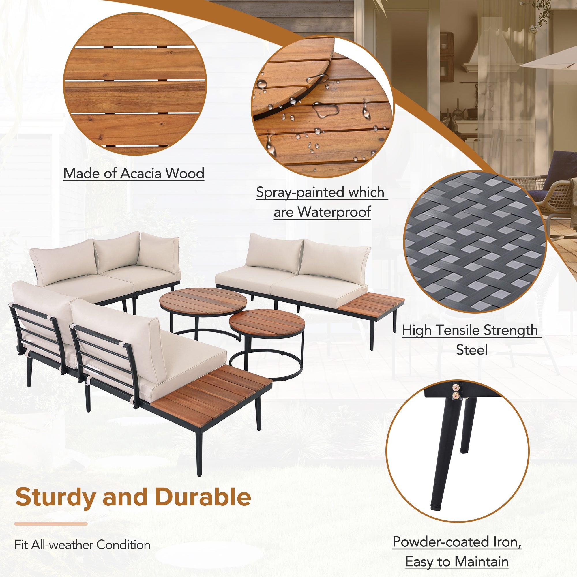 Outdoor Sectional Set Acacia Wood Steel Beige Cushion 6 Piece Seats 5
