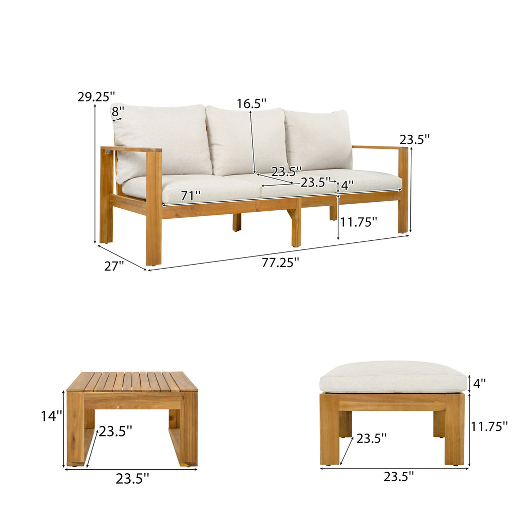 Outdoor Patio Set Acacia Wood Teak Beige Gray 3 Piece Sofa Ottoman