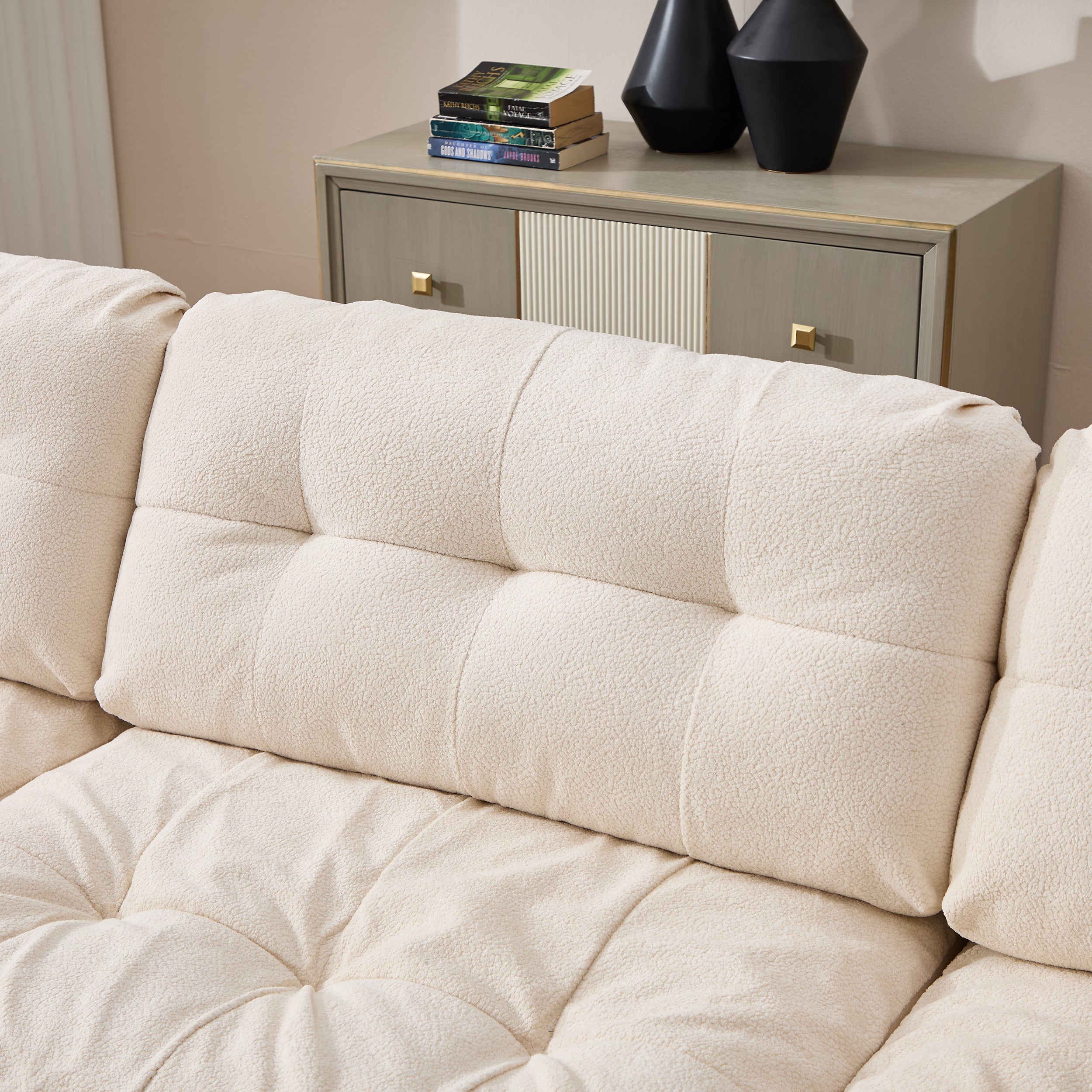 Sectional Sofa L-Shape Flannelette Beige 4 Seat Ottoman 123 In Deep Seat