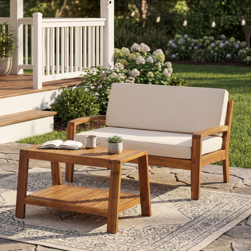 Outdoor Conversation Set Acacia Wood Teak Beige Cushion 2 Piece
