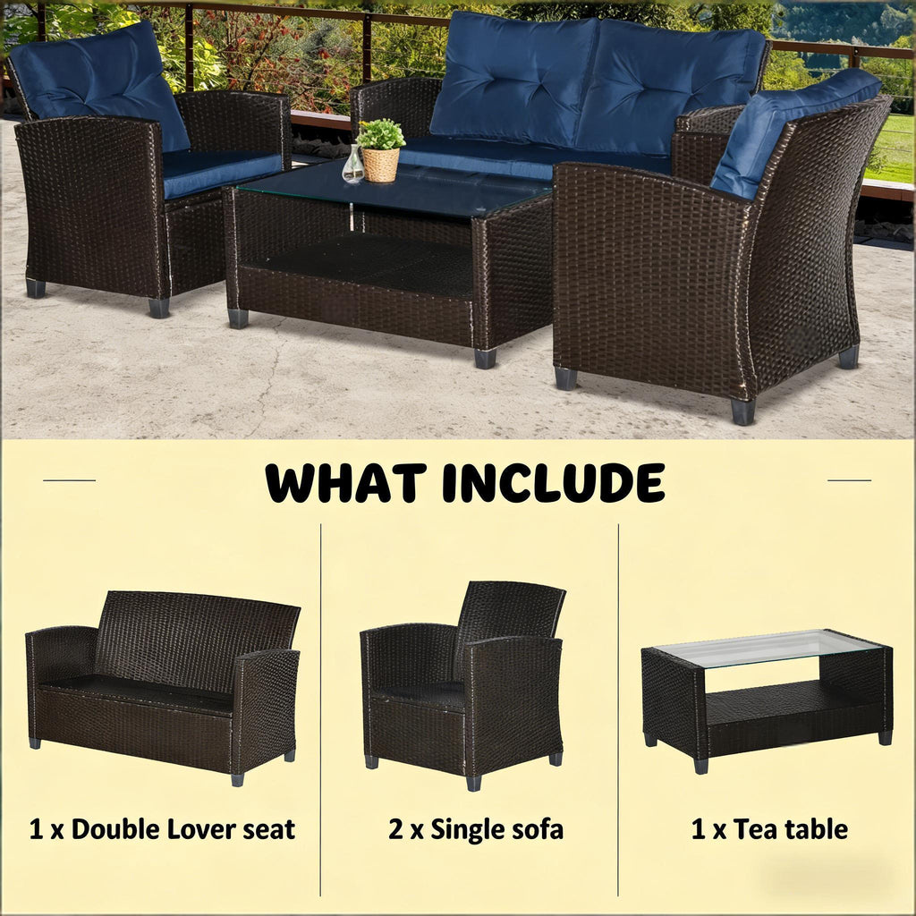 Outdoor Sectional Set PE Wicker Steel Coffee Blue Cushion 4 Piece Seats 4