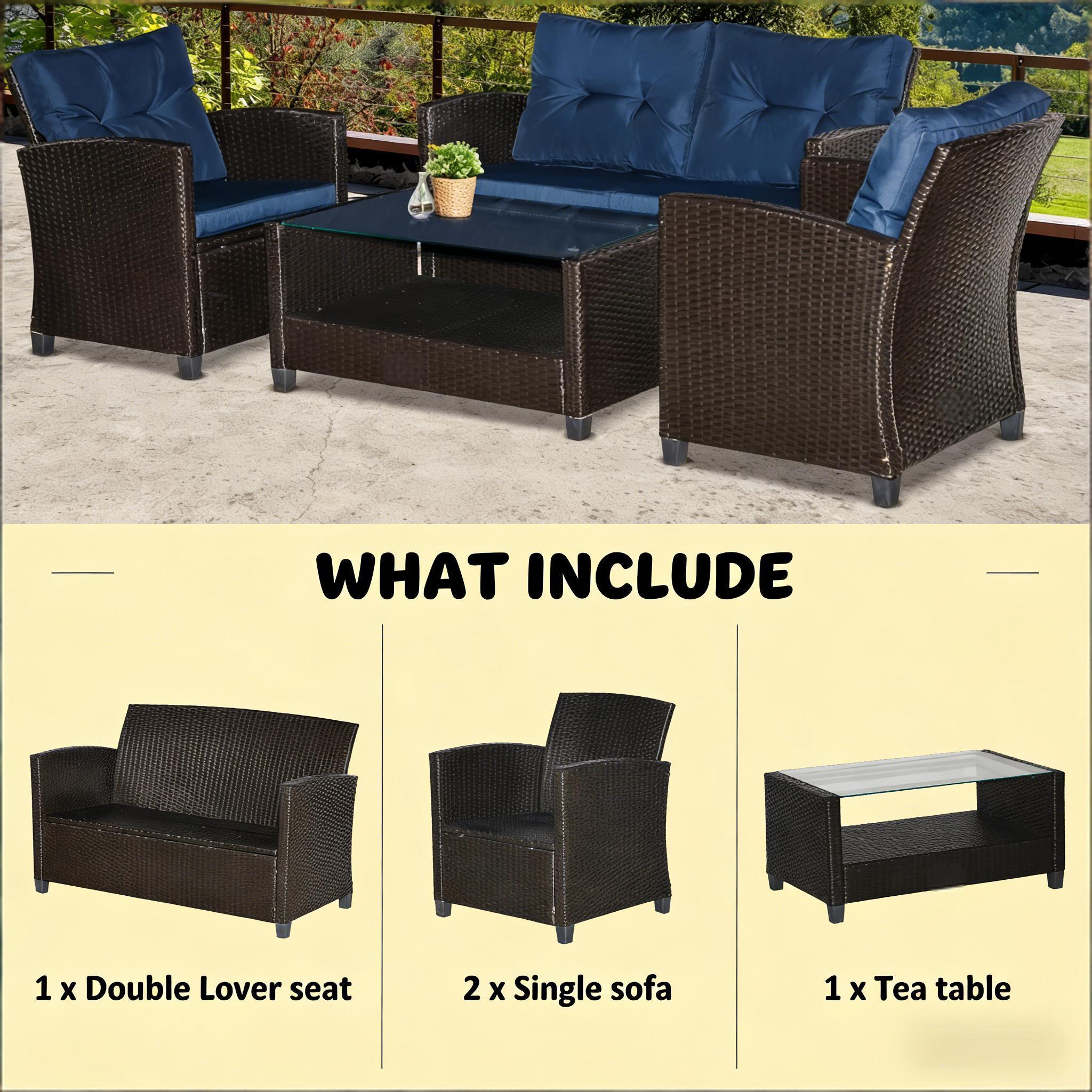 Outdoor Sectional Set PE Wicker Steel Coffee Blue Cushion 4 Piece Seats 4