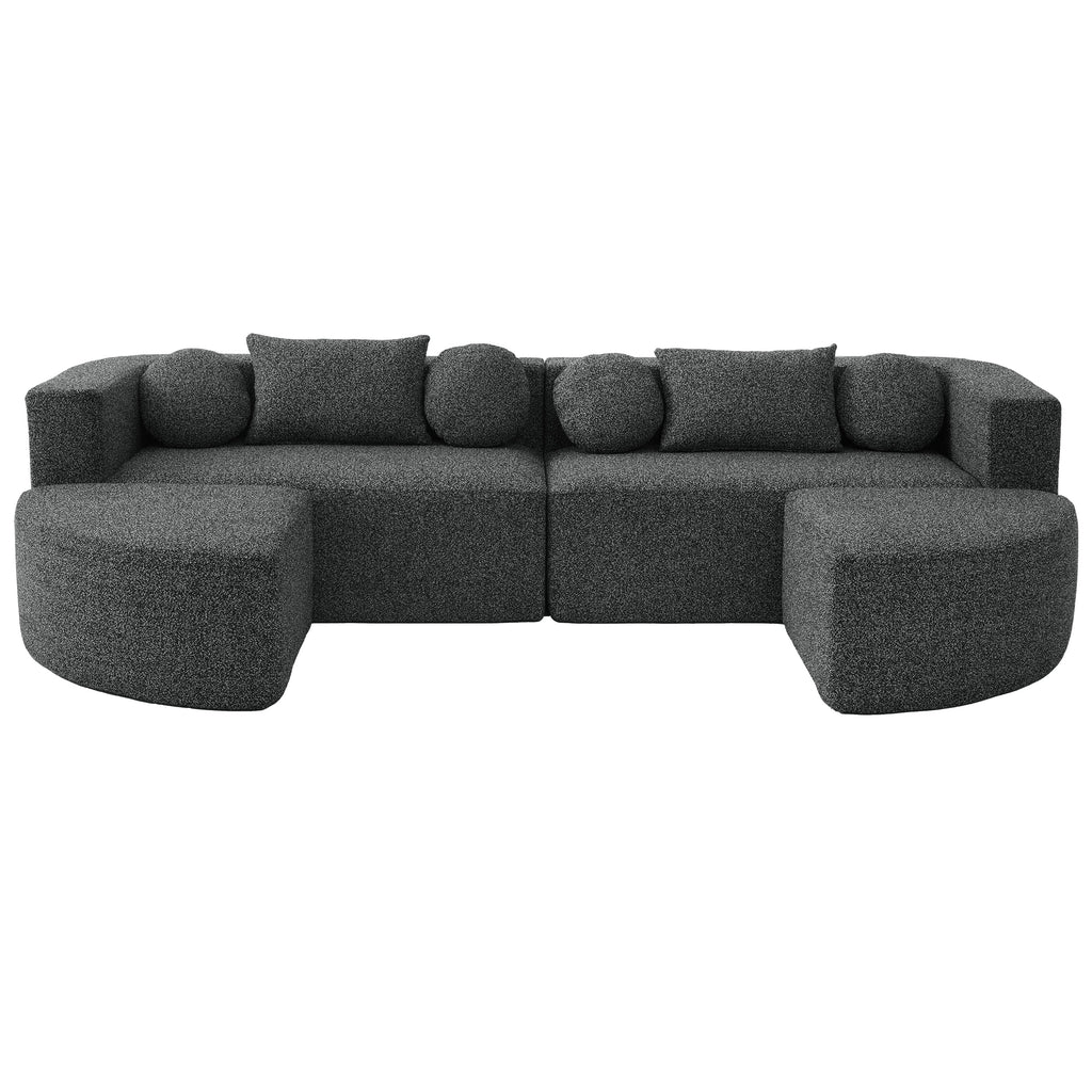 Sectional Sofa U-Shape Modular Boucle Black 6-Seat Deep Seating 114.9x64.5 In
