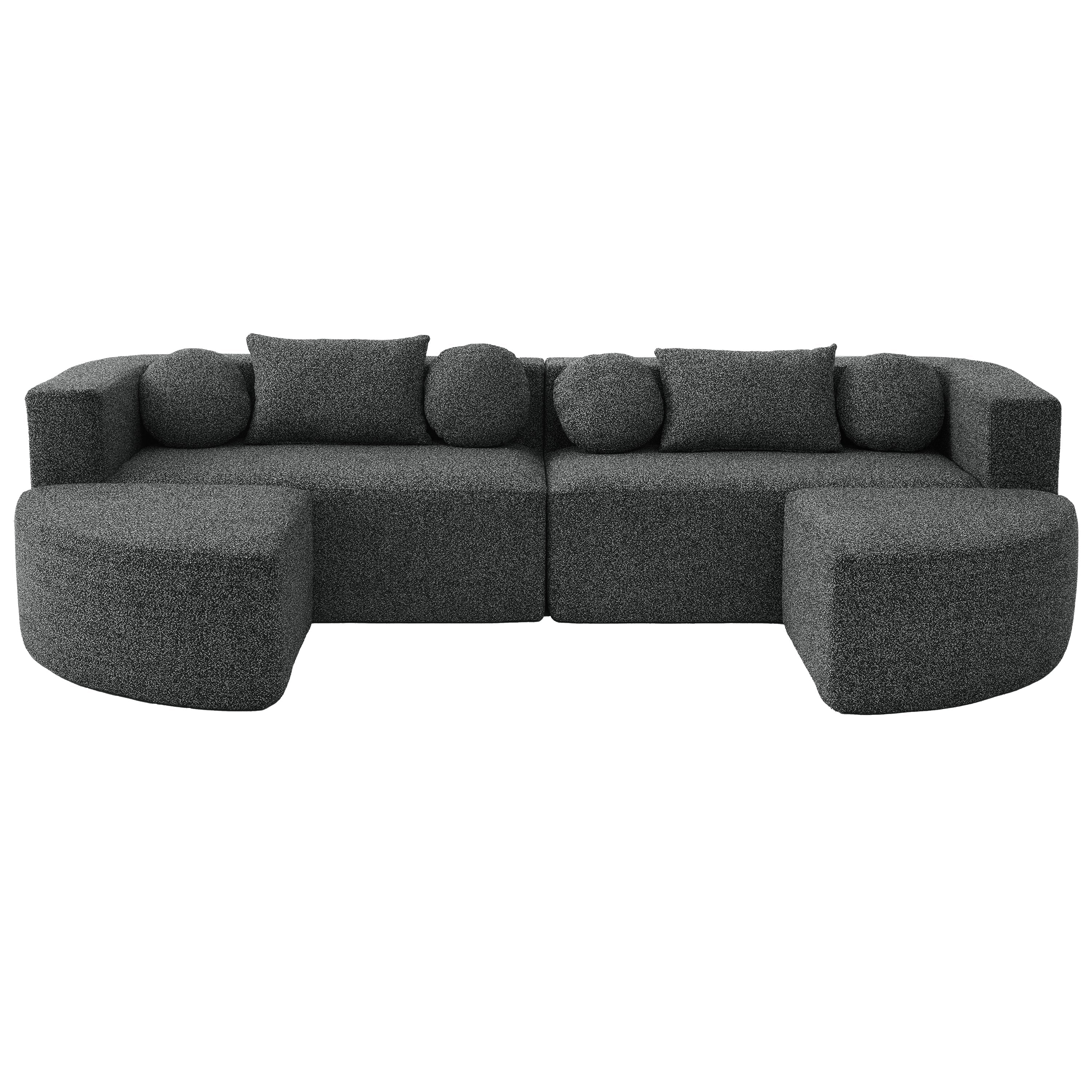 Sectional Sofa U-Shape Modular Boucle Black 6-Seat Deep Seating 114.9x64.5 In