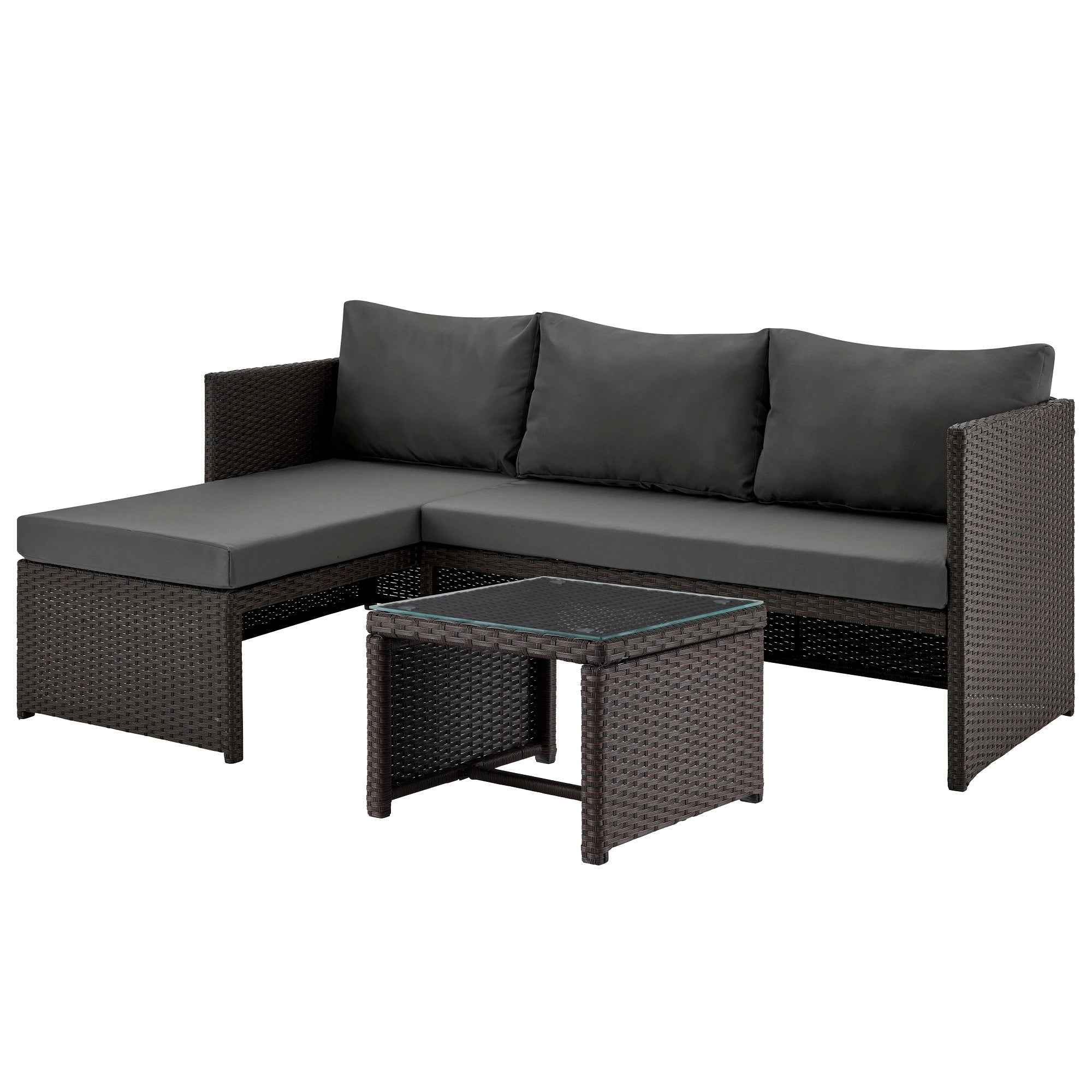 Outdoor Patio Set PVC Rattan Steel Brown Gray 3 Piece with Chaise
