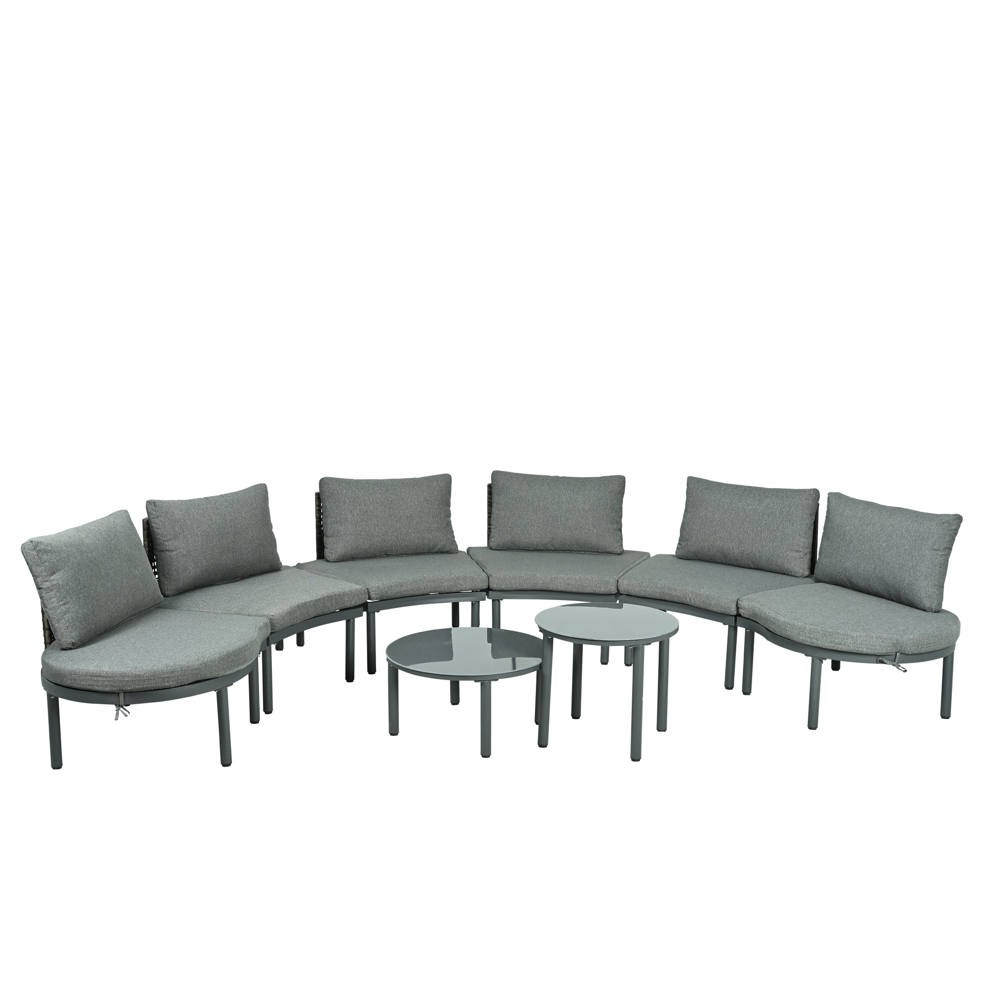 Outdoor Patio Set Half Moon Wicker Aluminum Gray 8 Piece 2 Tables