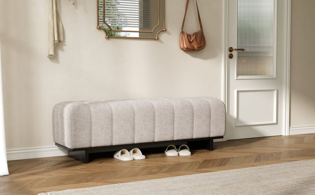 Indoor Dining Bench in Oatmeal Chenille Fabric with Rubber Wood Legs
