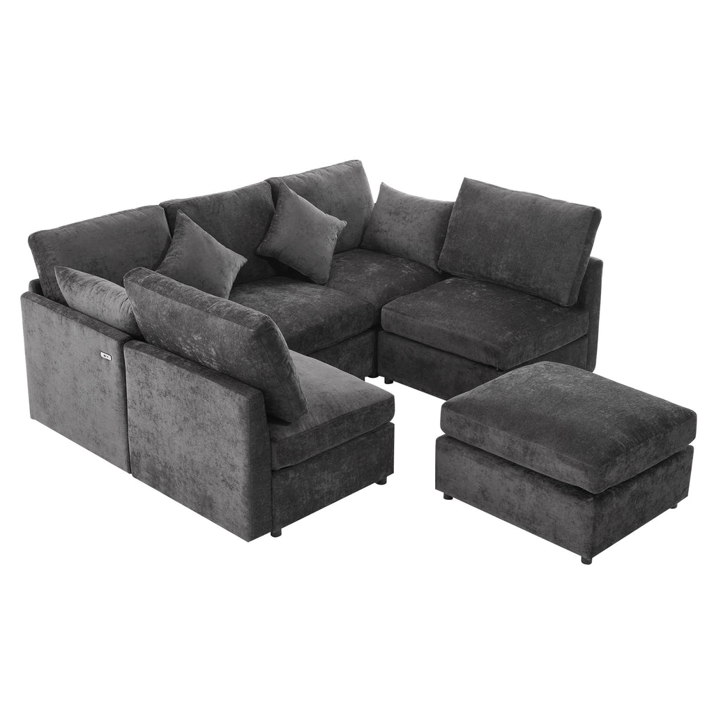 Sectional Sofa U-Shape Modular Chenille Black 5-Seat USB Ports 86.6x61.4 In