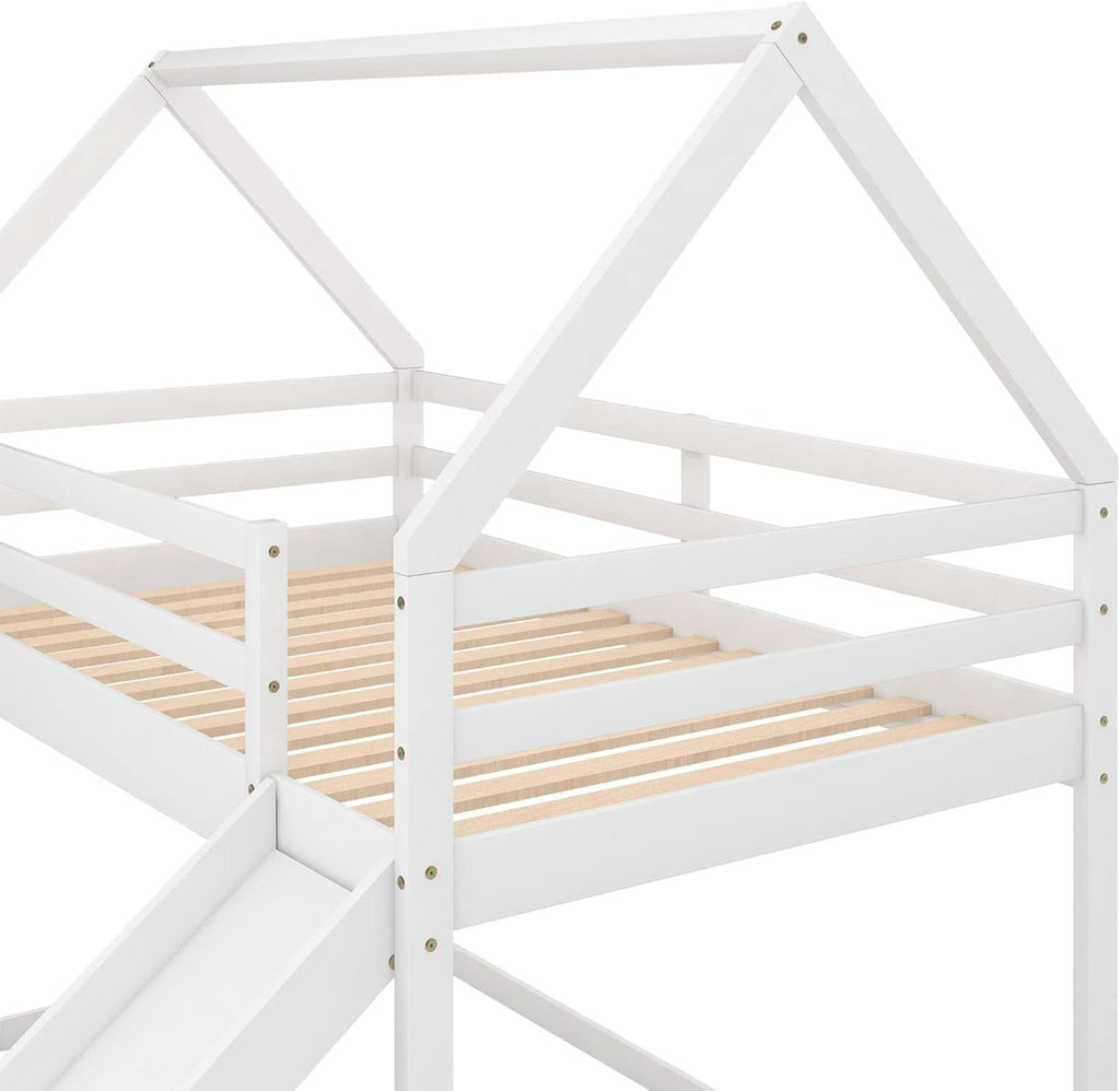 Twin Over Twin House Bunk Bed With Slide Solid Wood