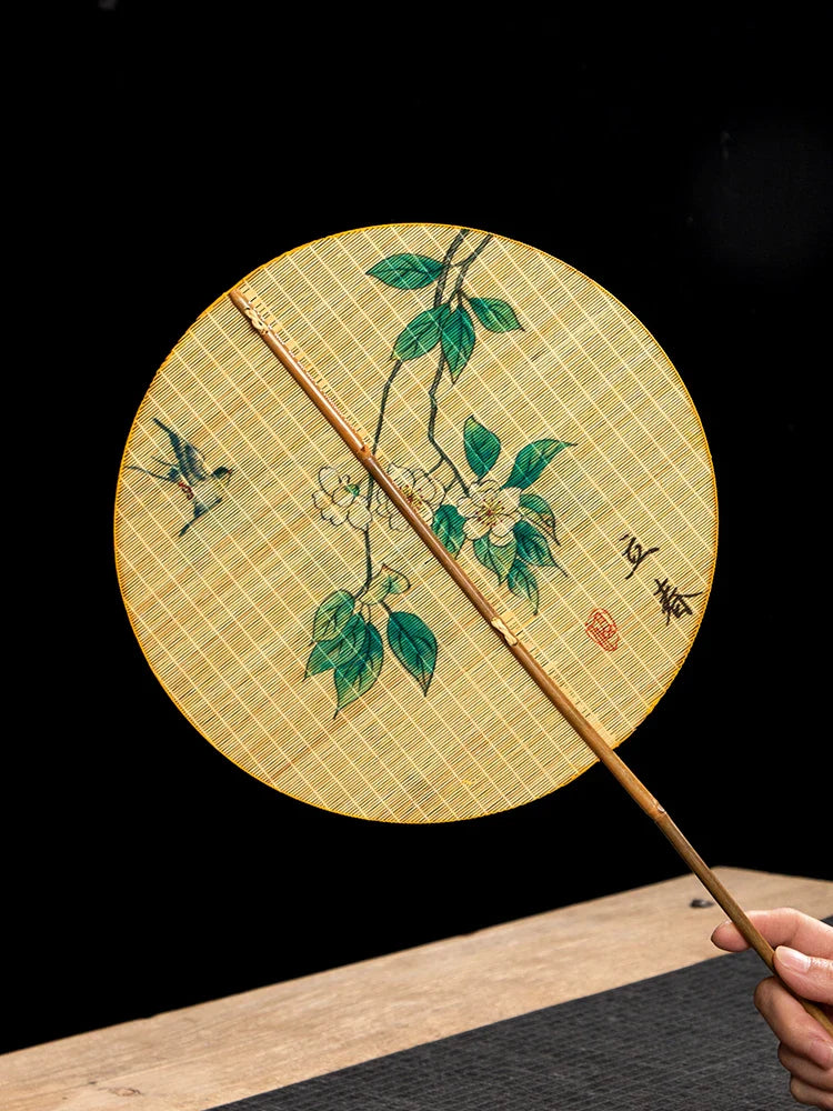 Handmade Bamboo and Silk Round Fan with Japanese & Chinese Art