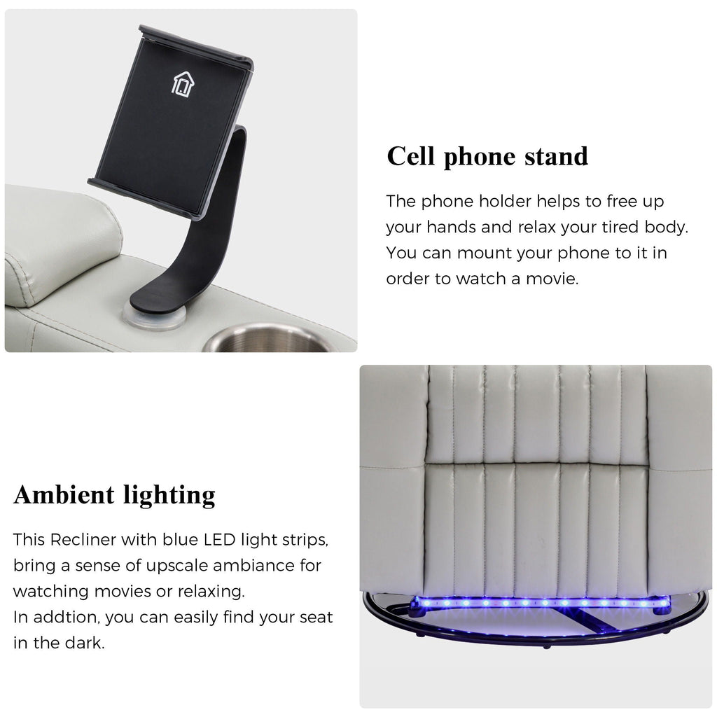 270° Power Swivel Recliner Home Theater Chair With Hidden Arm Storage, LED Light, Cup Holder, And Tray Table