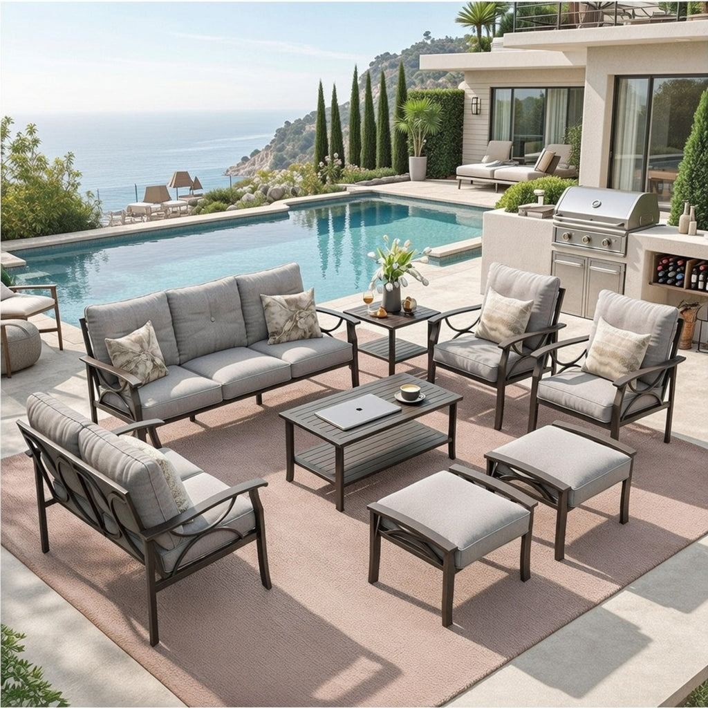 Outdoor Patio Set Steel 8 Piece Seats 9 Khaki Gray