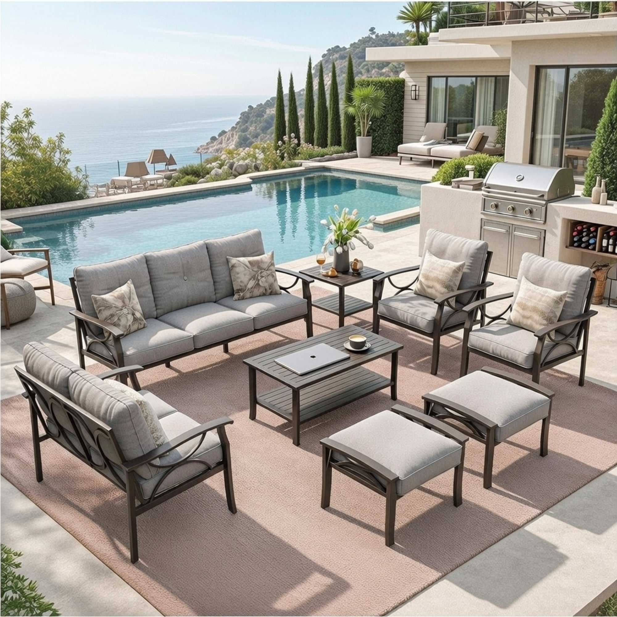 Outdoor Patio Set Steel 8 Piece Seats 9 Khaki Gray