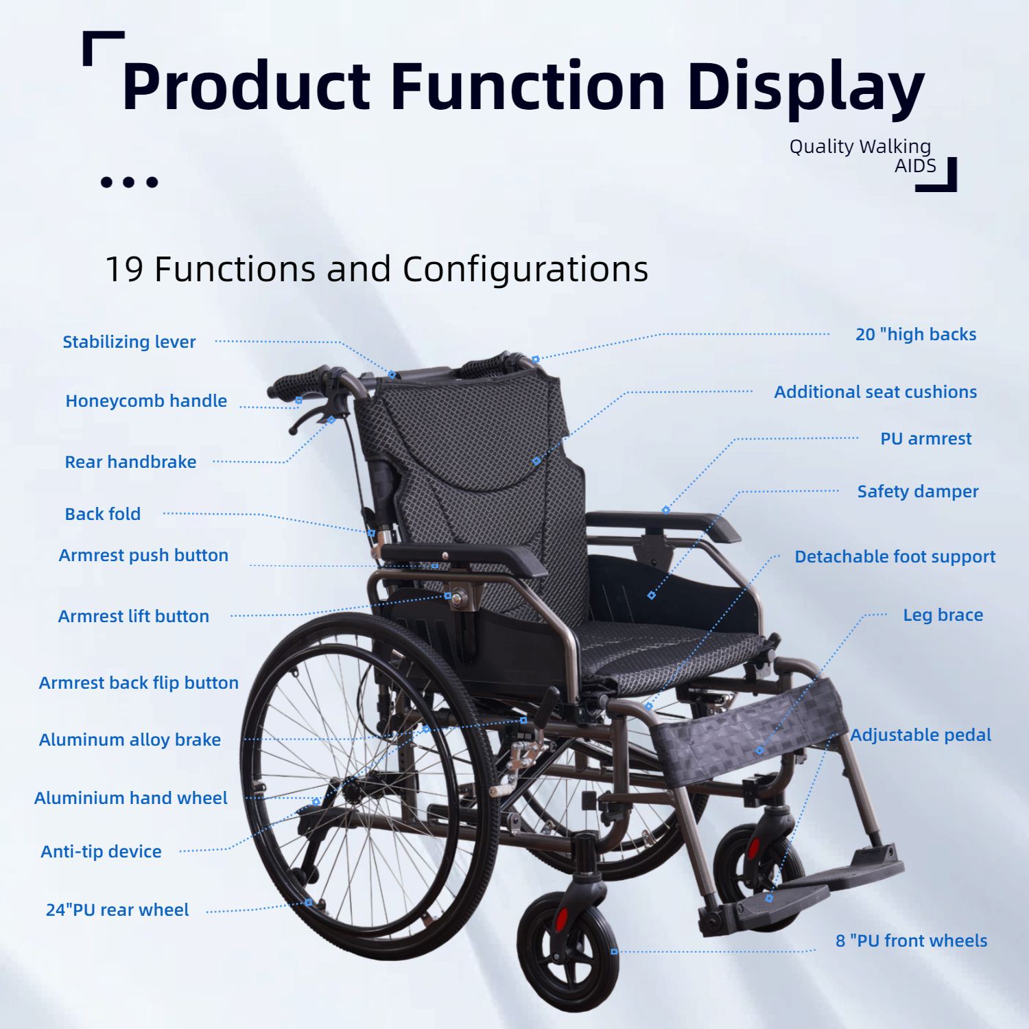 Wheelchair Manual Aluminum 24 In Quick Release Wheels Memory Foam Dark Gray