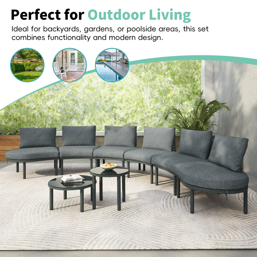 Outdoor Patio Set Half Moon Wicker Aluminum Gray 8 Piece 2 Tables