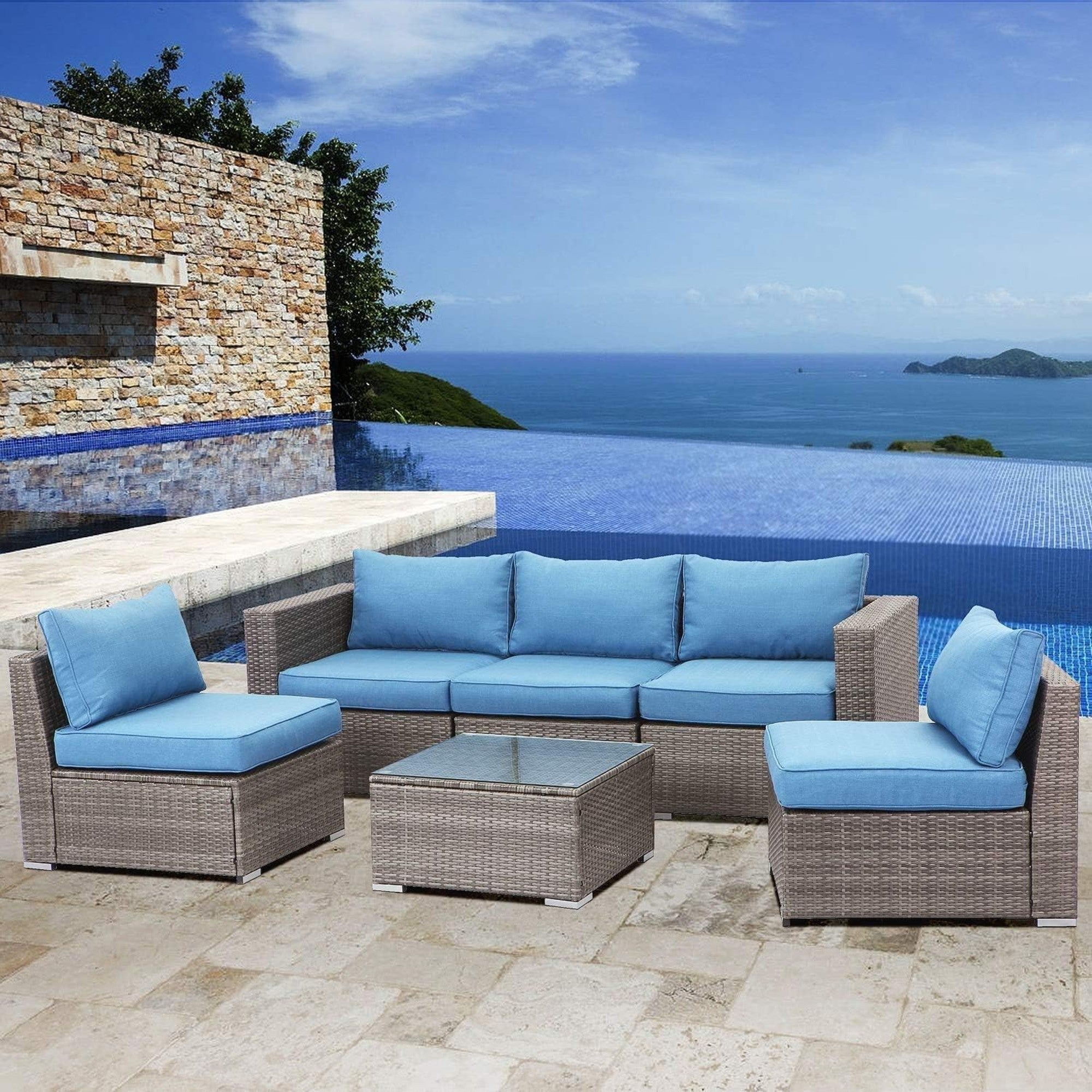 Outdoor Patio Sofa Set PE Rattan Blue 2 Piece Armless Modular