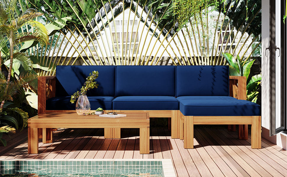 Outdoor Patio Sectional Set Acacia Wood Natural Blue Cushions 5 Piece