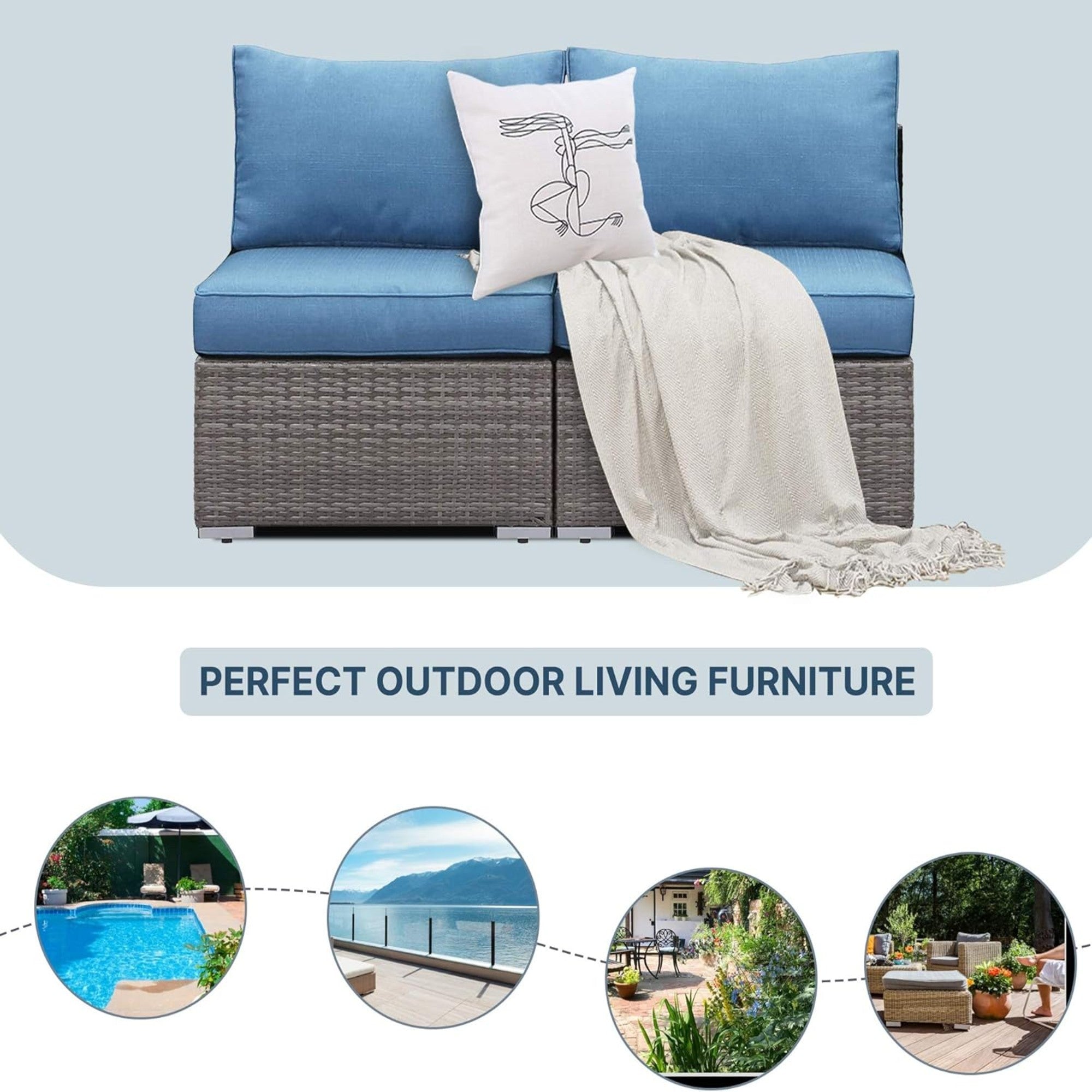 Outdoor Patio Sofa Set PE Rattan Blue 2 Piece Armless Modular
