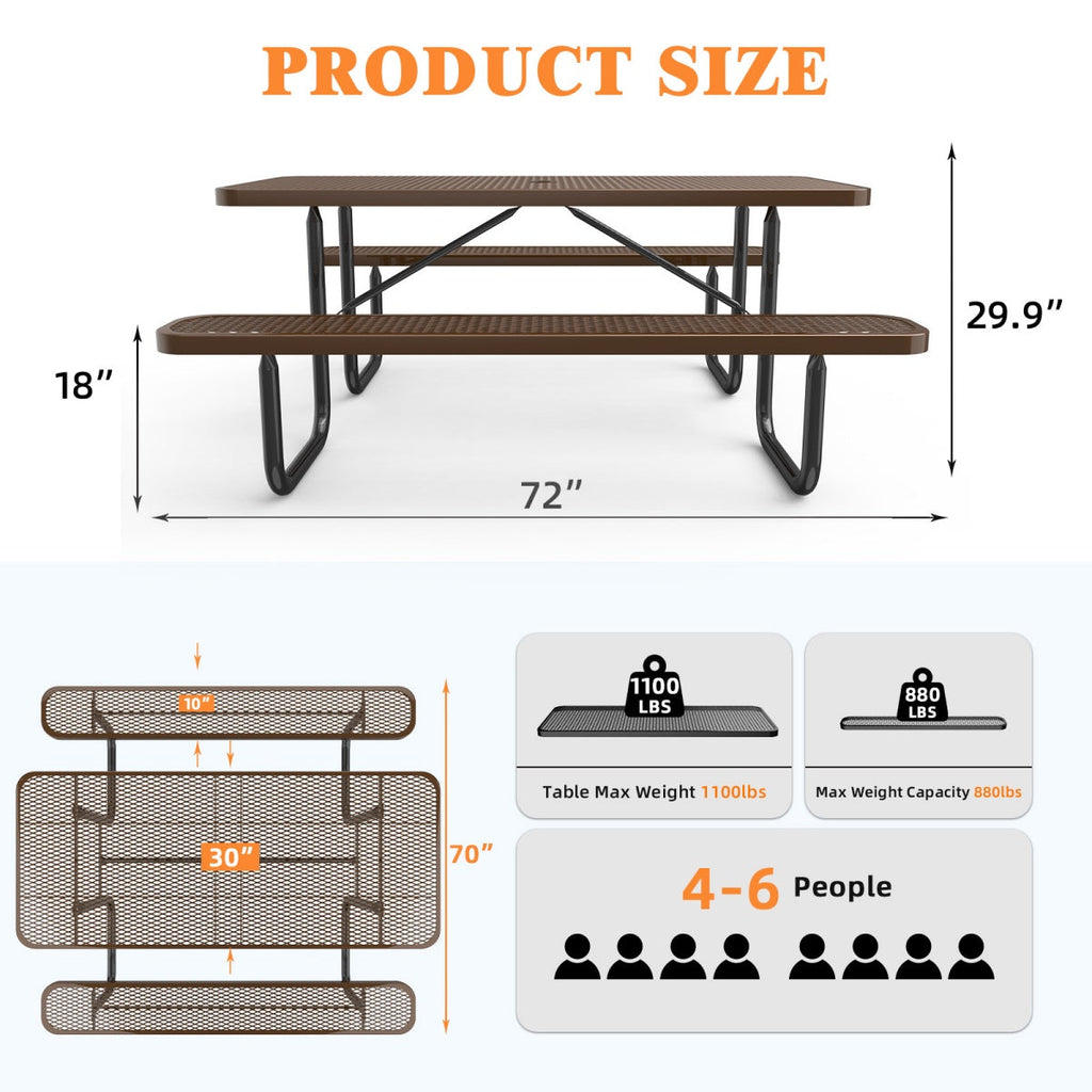 6 ft Metal Picnic Tables for Outdoors, Rectangle Coated Steel Patio Furniture Set