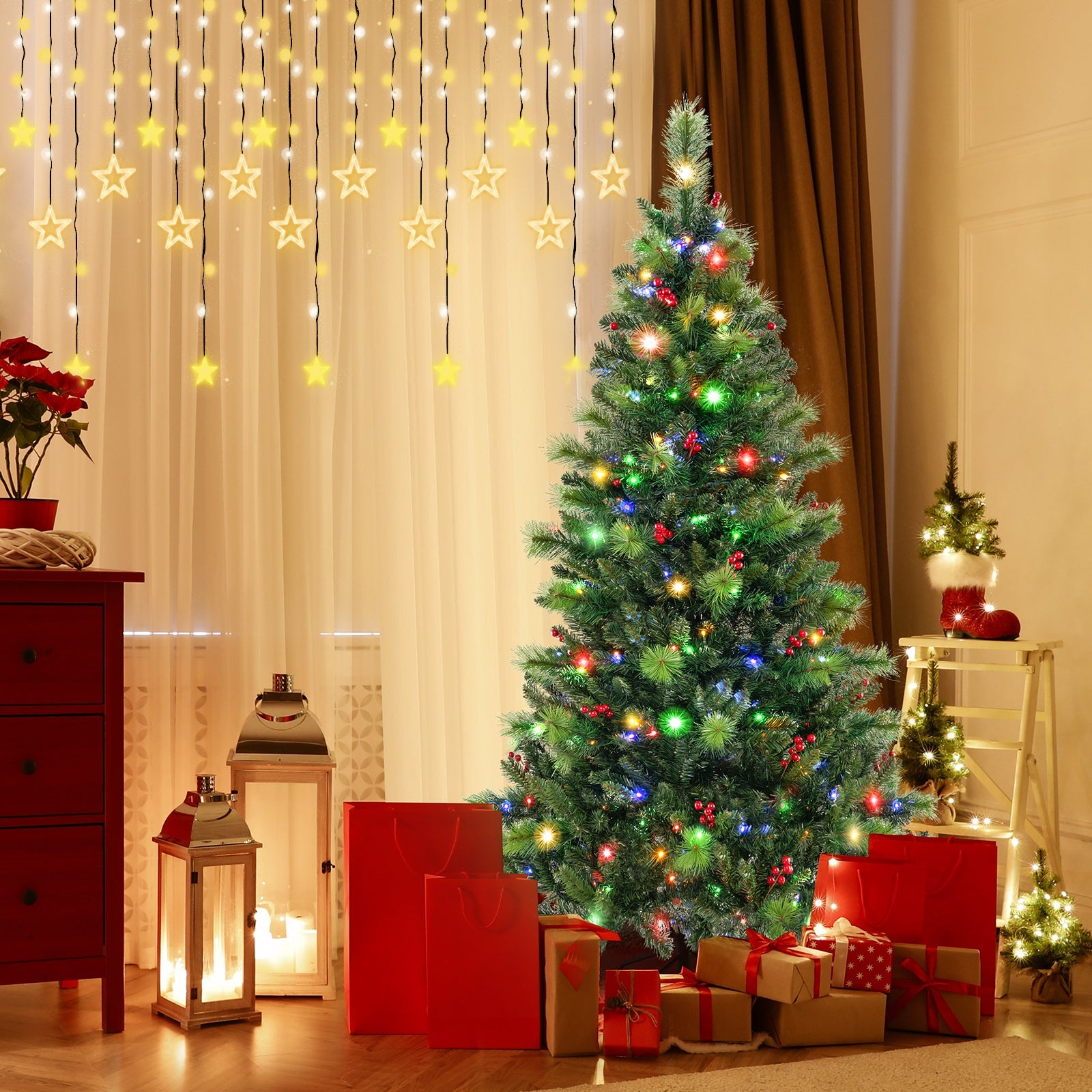 6/7/8 Feet Pre-Lit Artificial Christmas Tree with 300/400/500 LED Lights