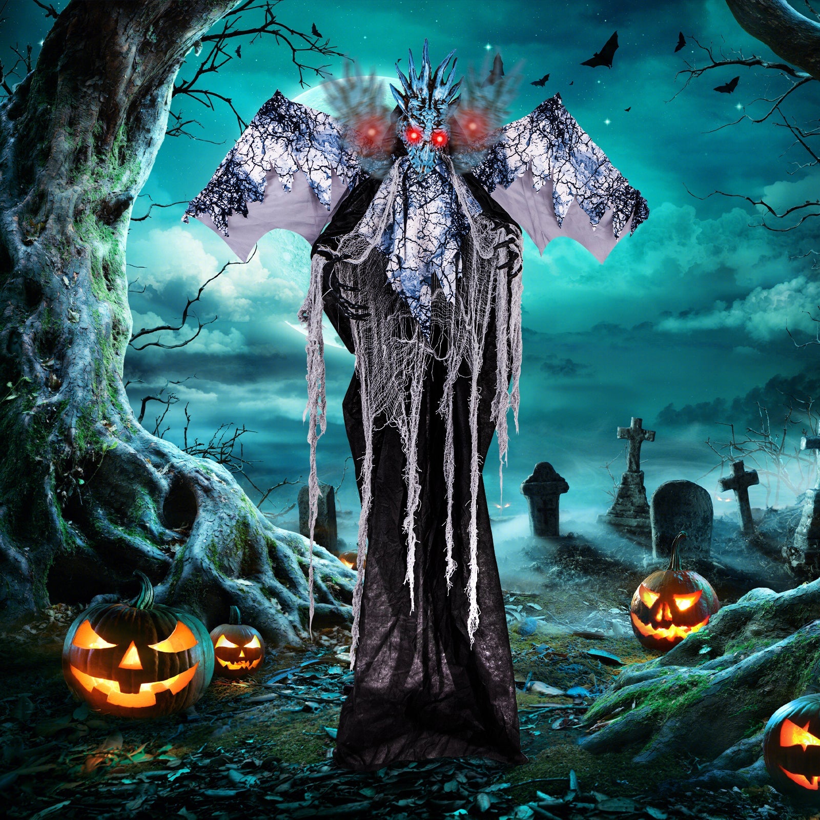 6ft Halloween Animatronic Decoration with Light Up Eyes Posable Wings and Arms