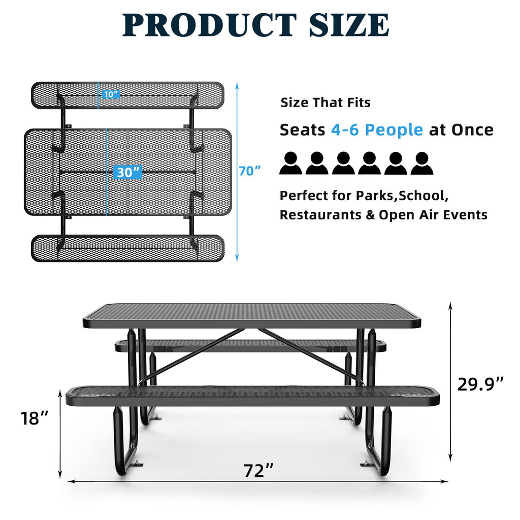 6 ft Metal Picnic Tables for Outdoors, Rectangle Coated Steel Patio Furniture Set