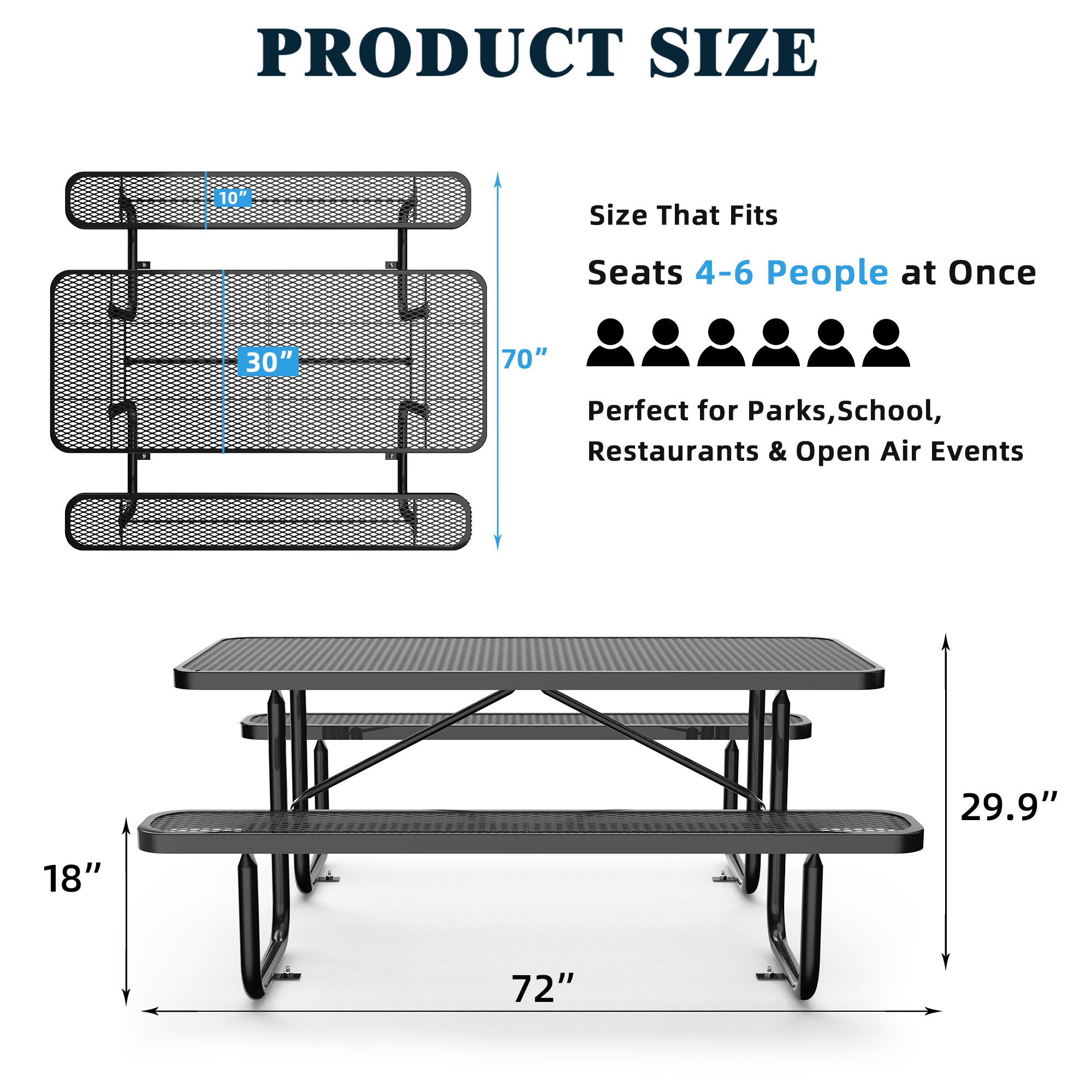 6 ft Metal Picnic Tables for Outdoors, Rectangle Coated Steel Patio Furniture Set