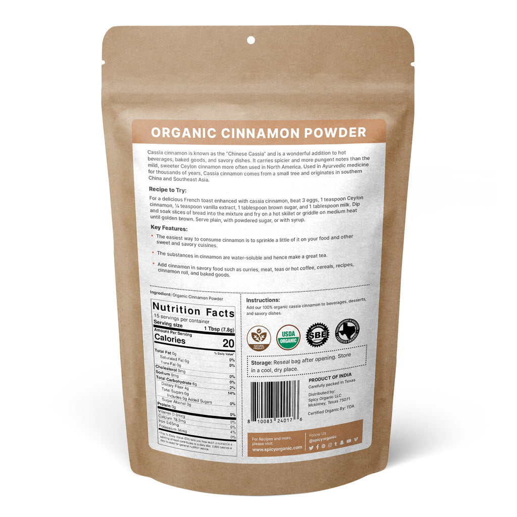 Organic Cassia Cinnamon Powder — USDA Certified, Non-GMO | Chai, Oatmeal & Spiced Baking