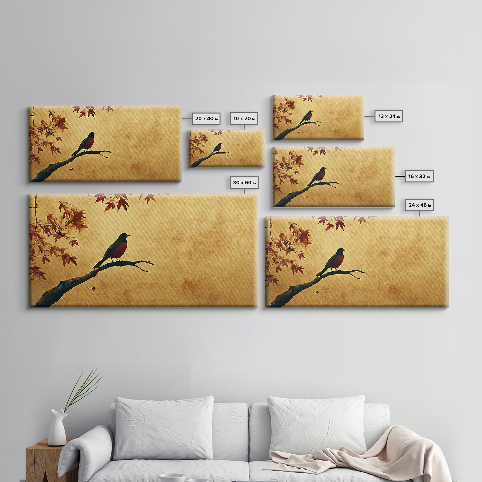 Oriole On a Maple Tree Framed Canvas Print, Vintage Home Decor, Vintage Style Wall Art, Farmhouse Decor, Wabi Sabi Art, Extra Large Art
