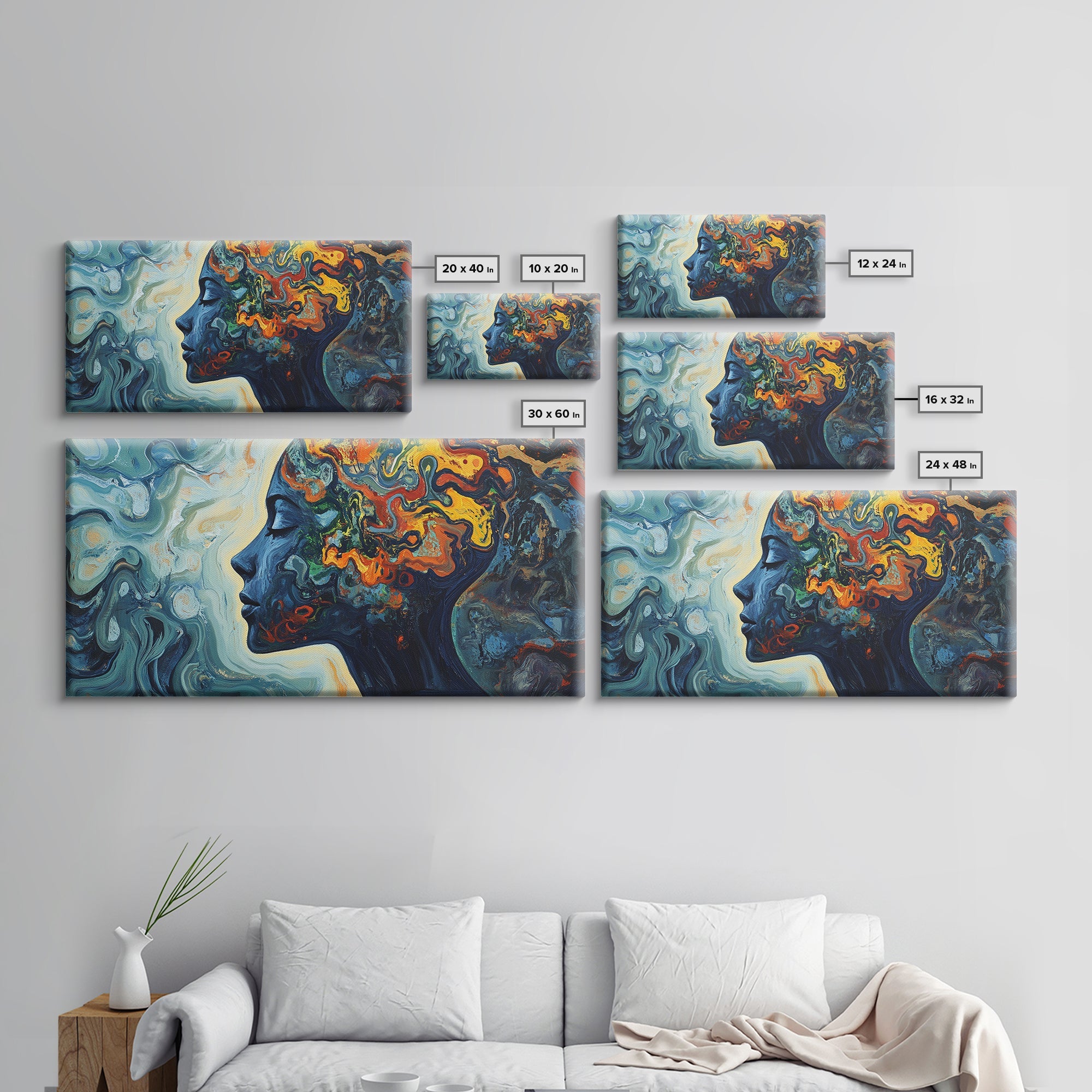 Abstract Woman Mind Framed Canvas Print - Artistic Brain Art Therapy Decor - Blue and Green Geometric Wall Art Minimalist Style