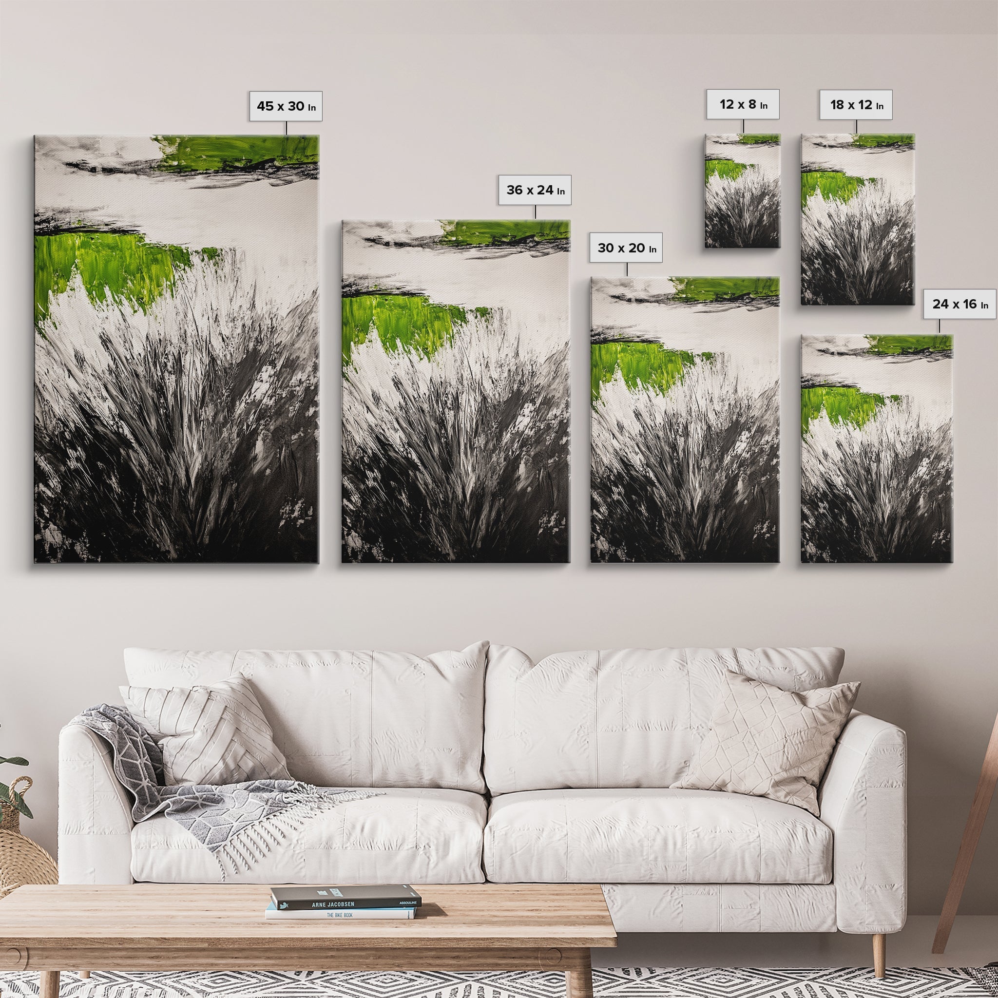 Wild Grass, Black and White with Green Accents, Abstract Nature Painting, Framed Canvas Print, Rustic Farmhouse or Living Room Decor