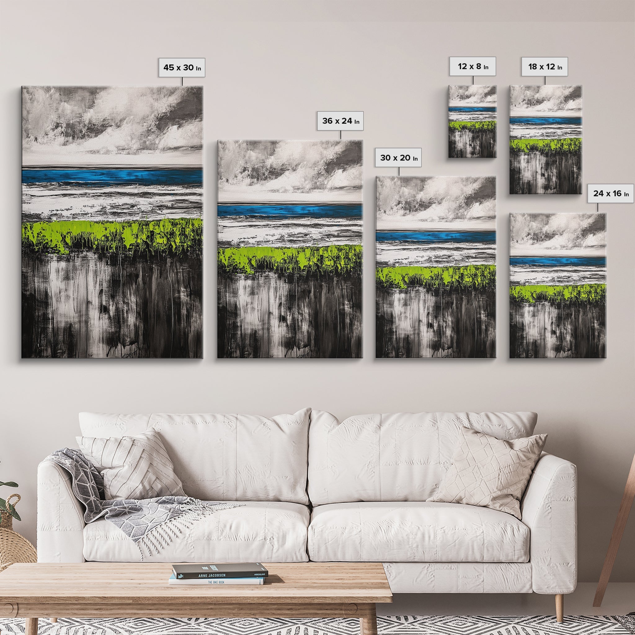 Coastal Horizon, Abstract Ocean, Framed Canvas Print, Beach Wall Art, Nautical Home Decor, Blue and White Art, Modern Living Room Art