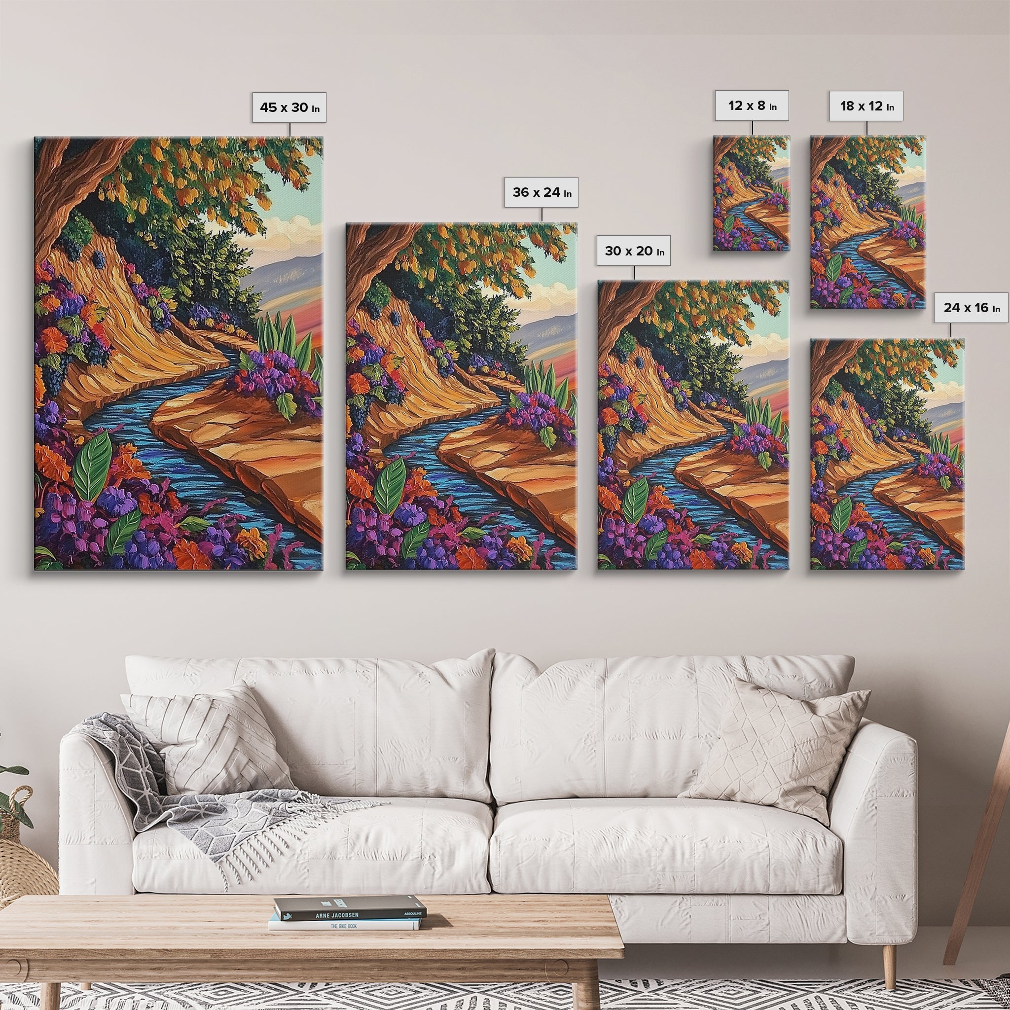 River Autumn, Pathway, Tranquility, Canvas Print, Fall forest landscape art, colorful seasonal painting, living room wall décor