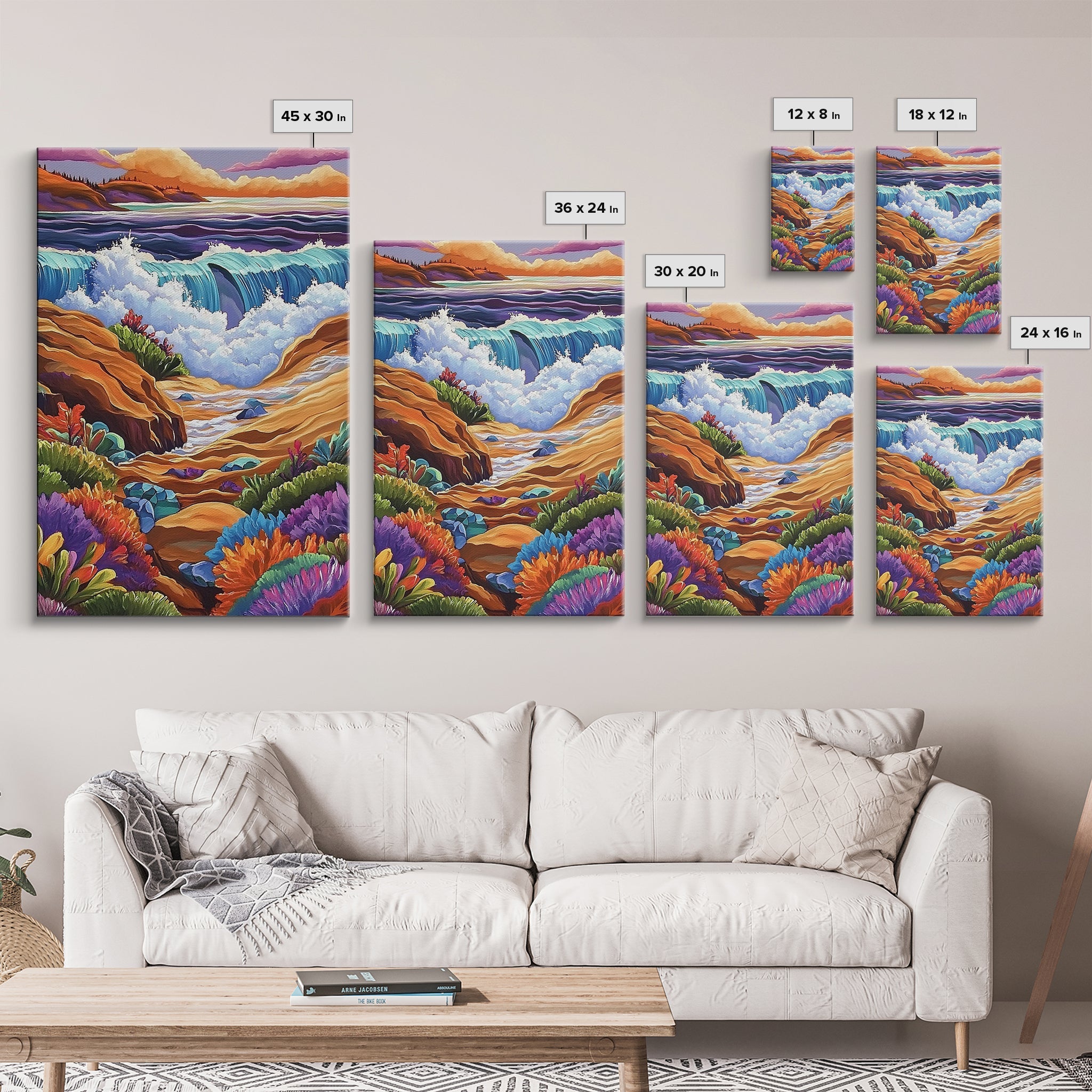 Ocean Rocks, Colorful, Framed Canvas Print, Coastal Sunset Wall Art, Bold Ocean Waves Decor, Living Room Statement Piece, Nature Art Print