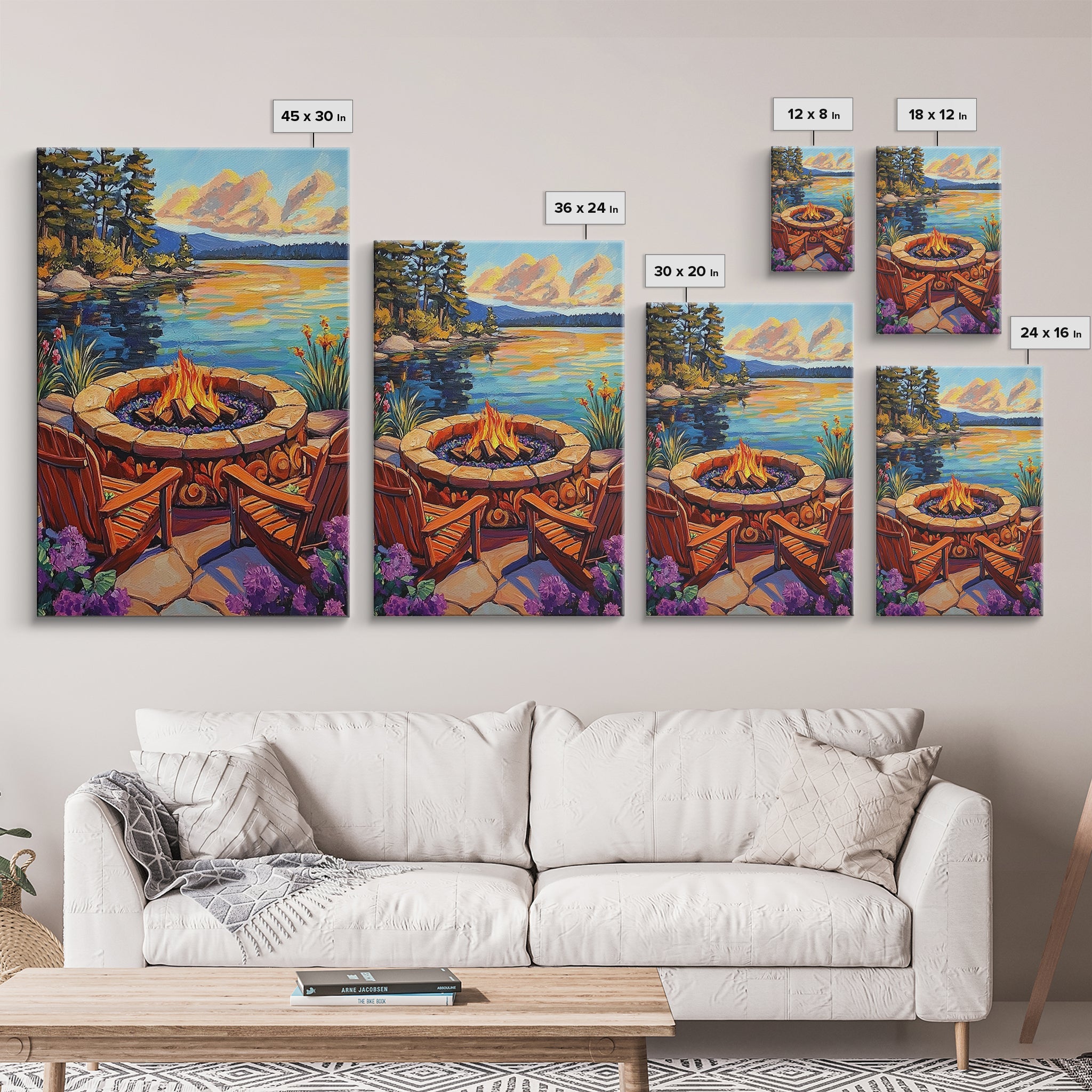 Firepit Chairs, Lake, Sunset, Framed Canvas Print, outdoor patio wall decor, rustic lakeside art, cozy fall cabin retreat artwork