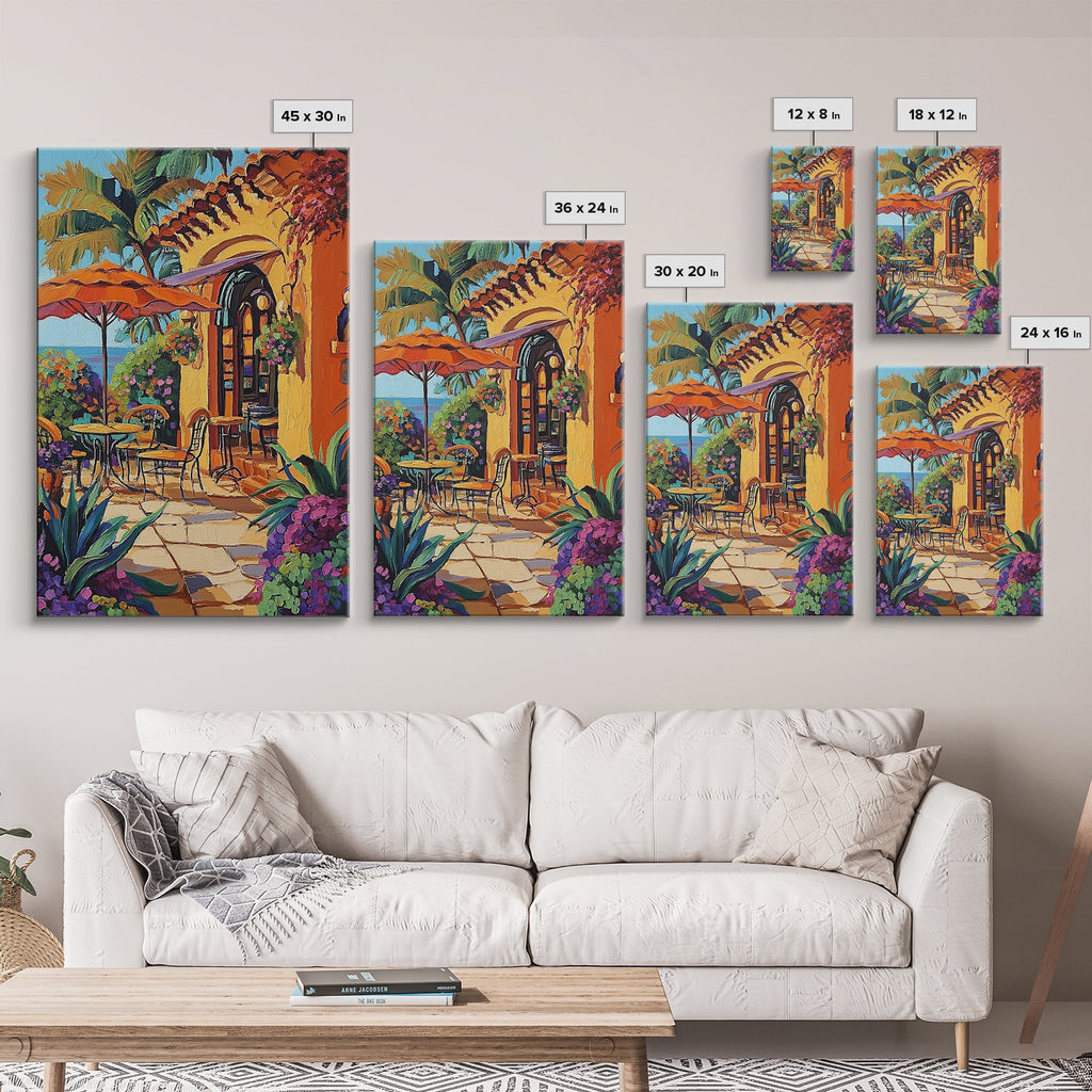 Bistro Patio, Sun, Canvas Print, Mediterranean cafe painting, kitchen wall art, outdoor charm artwork, sunny terrace decor, cozy nook print