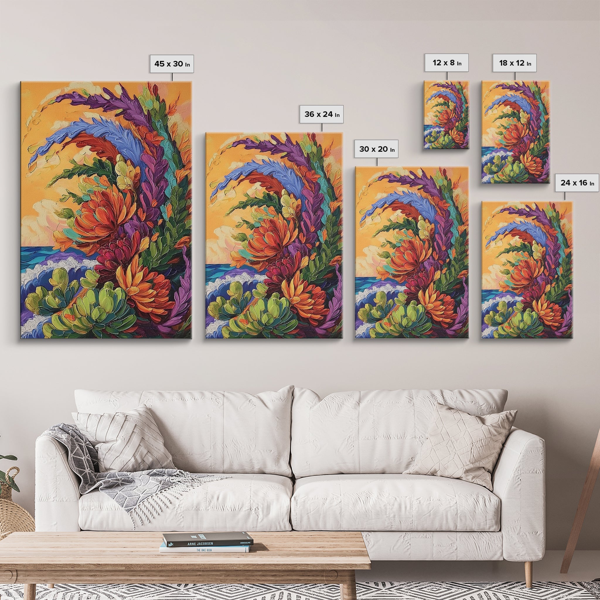 Abstract Florals, Bold Beach Scene, Coastal Flower Art, Vibrant Wall Accent, Kitchen Wall Art, Boho Style, Canvas Print, Sunset Tones