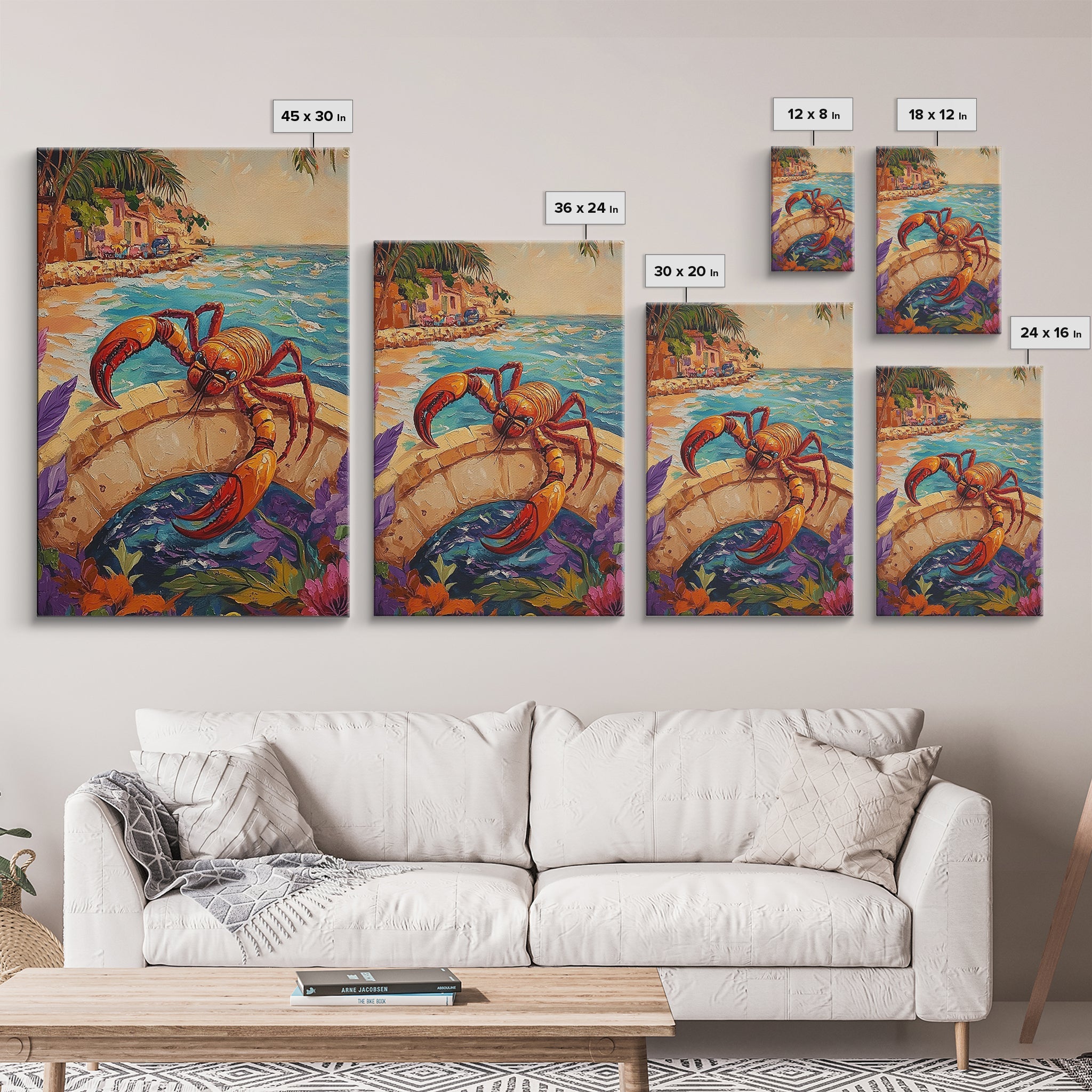 Lobster Art, Coastal Bridge, Tropical Scene, Nautical Style, Framed Canvas Print, lobster decor, beach cottage coastal art, bathroom print