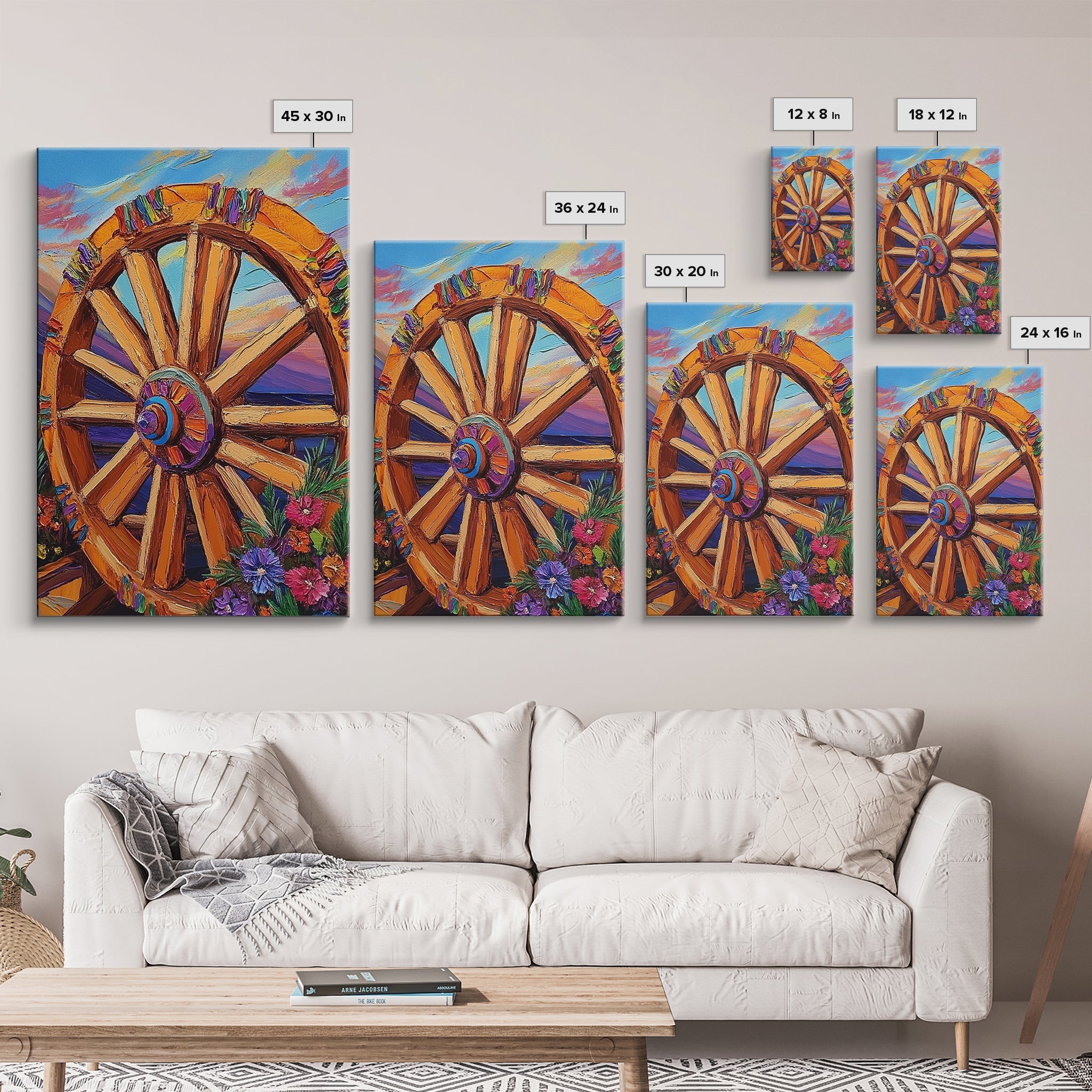 Colorful Wheel Art, Rustic Wall Decor, Western Vibes, Farmhouse Charm, Framed Canvas Print, Fall Decor, Country Living Room Wall Art