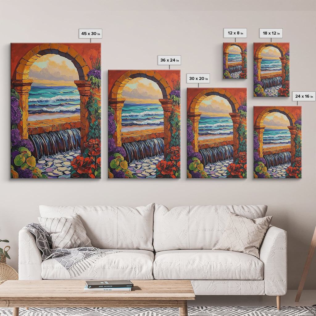 Stone Archway Ocean, Dreamy Seaside Scene, Romantic Sunset Art, Framed Canvas Print, Coastal Entryway Wall Art, Vacation Vibes