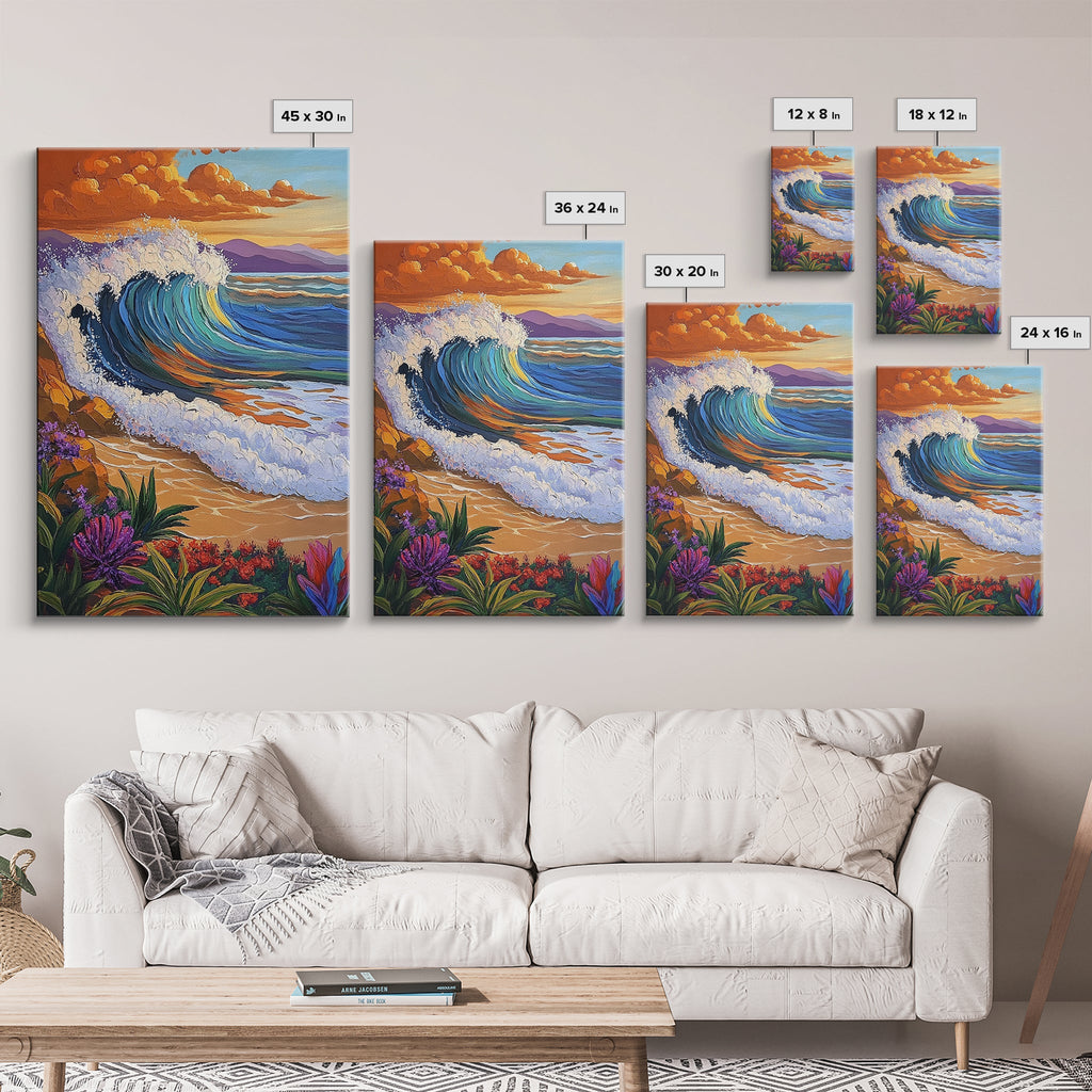 Wave Sunset, Ocean, Flowers, Canvas Print, Crashing sunset wave with tropical flowers, coastal bathroom and surf-themed wall decor