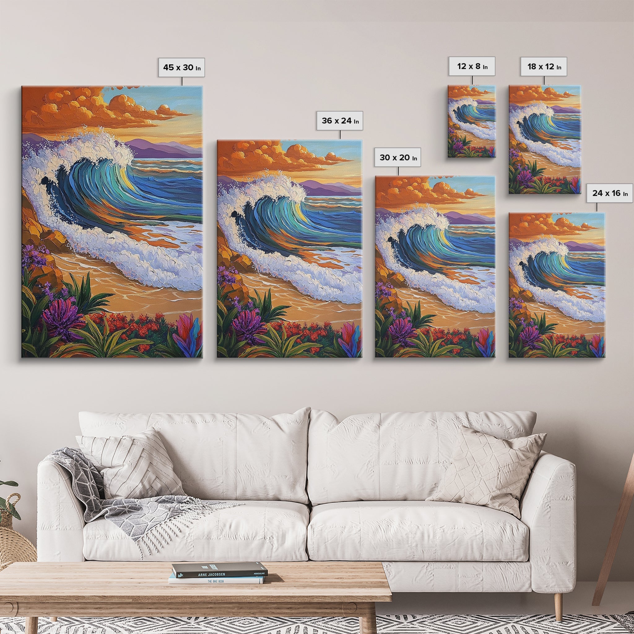 Wave Sunset, Ocean, Flowers, Canvas Print, Crashing sunset wave with tropical flowers, coastal bathroom and surf-themed wall decor