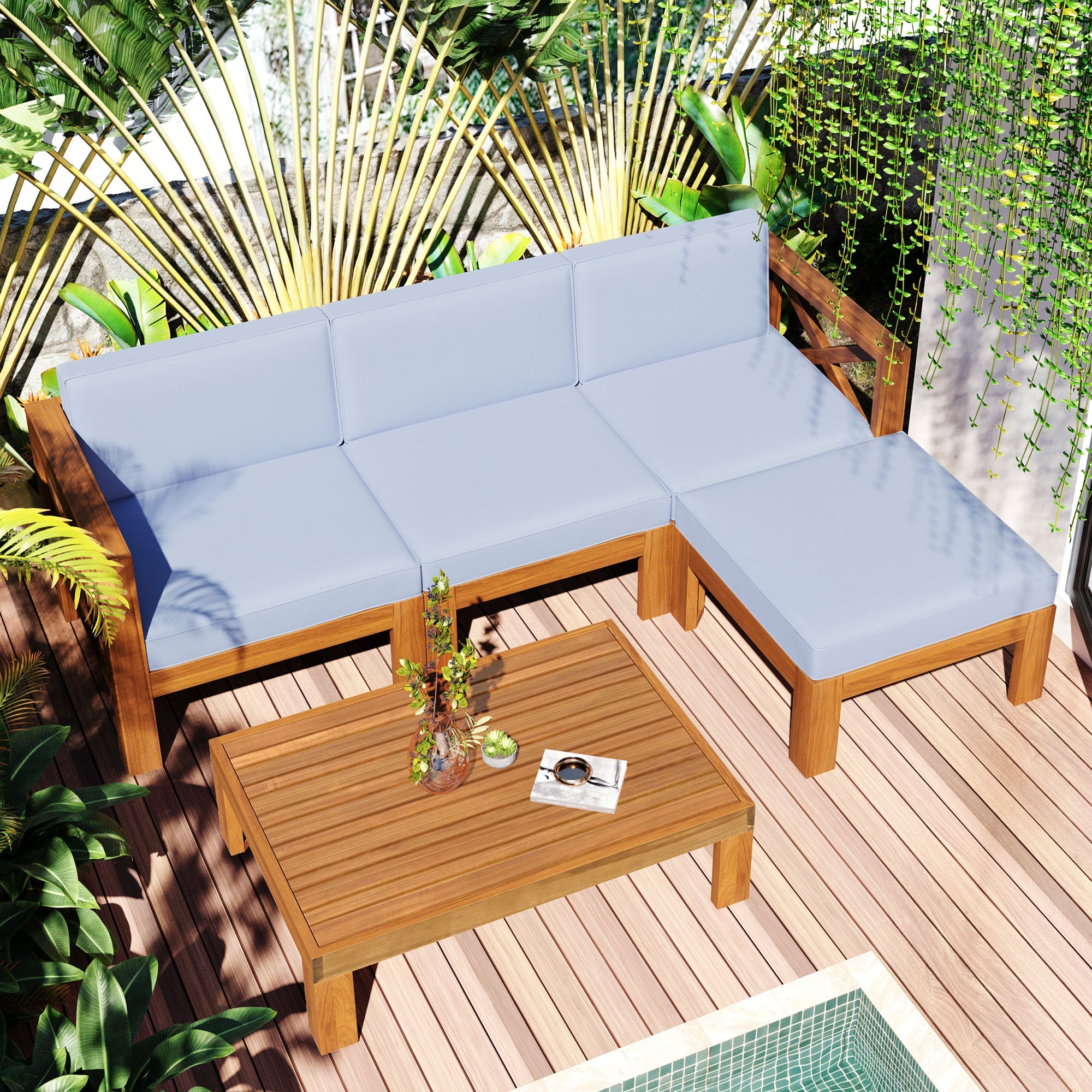 Outdoor Patio Sectional Set Acacia Wood Gray Cushions 5 Piece X-Back