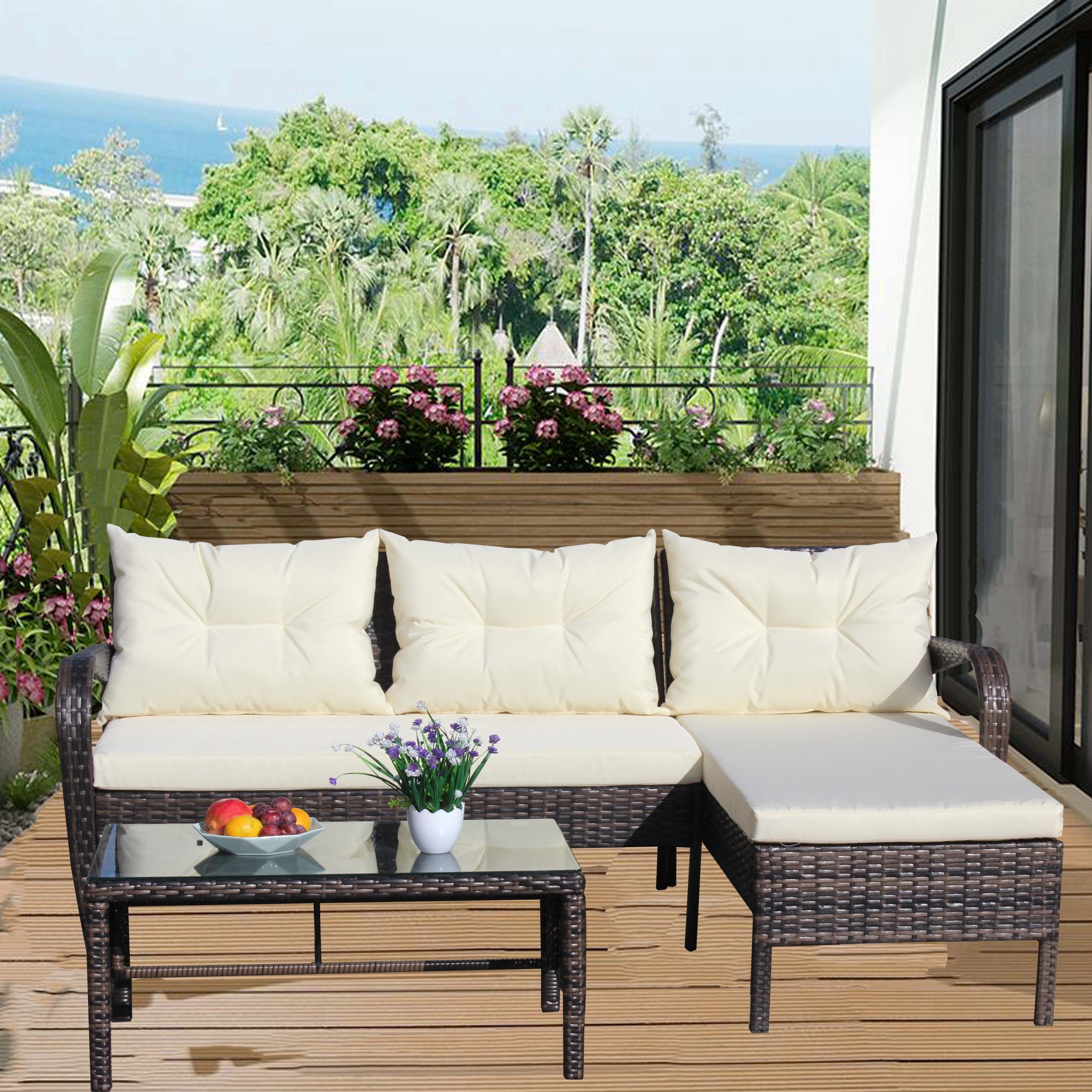 Outdoor Sectional Set PE Rattan Steel Brown Beige Cushion 3 Piece 560 LB