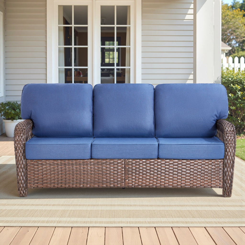 Outdoor Sofa T-Back PE Rattan Blue 3 Seat 5 in Foam Cushions 75in