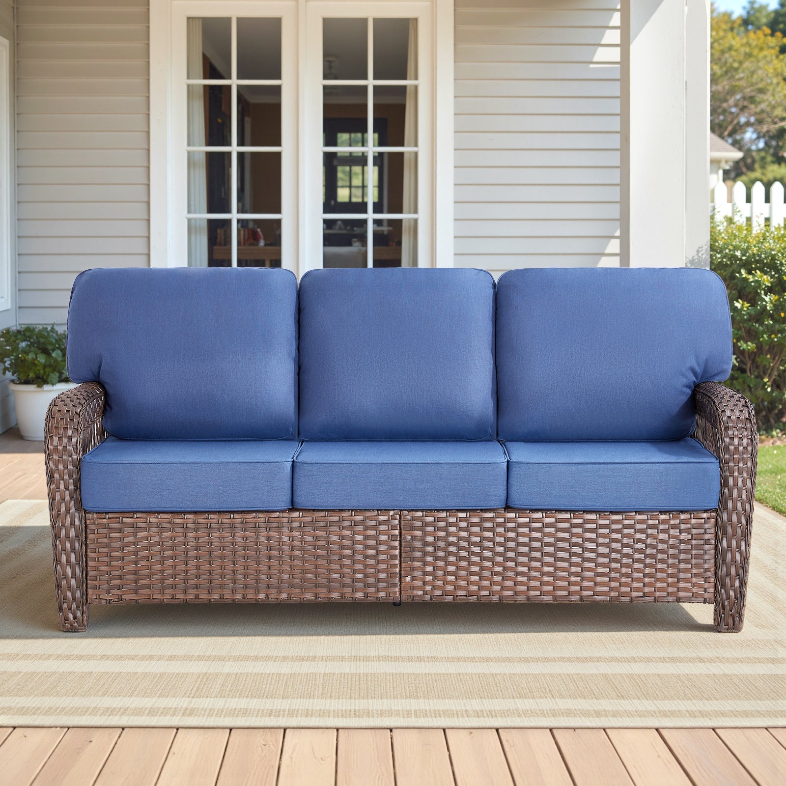 Outdoor Sofa T-Back PE Rattan Blue 3 Seat 5 in Foam Cushions 75in